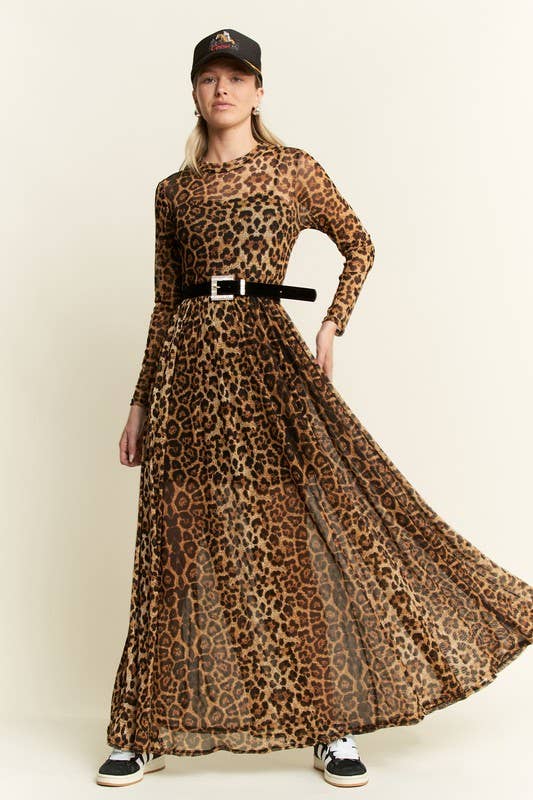 Front view of a leopard-print long-sleeve mesh maxi dress with a sheer, flowy skirt, styled with a black belt (square buckle), baseball cap, and black sneakers.