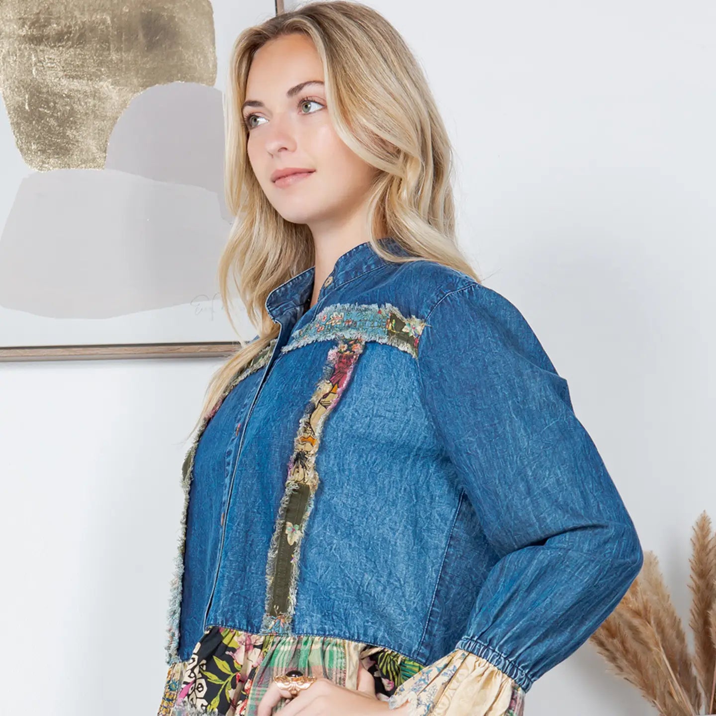Studio side profile, frayed floral inset panels and yoke detail