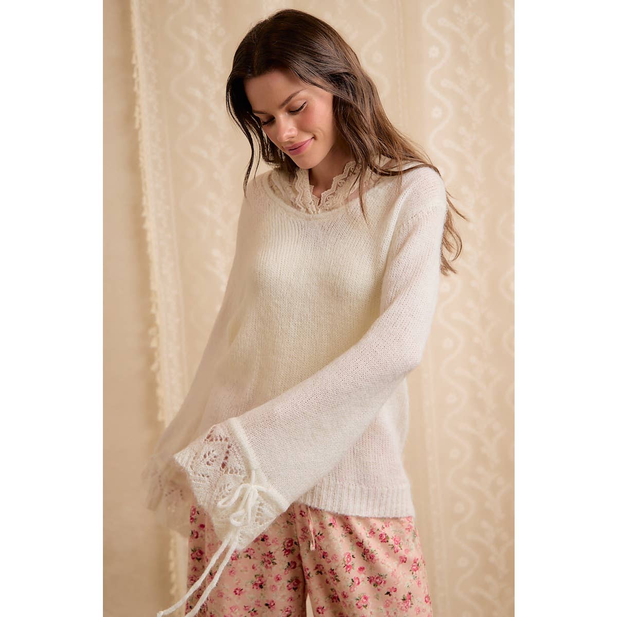 Ivory Lace Hoodie Fringe Sweater