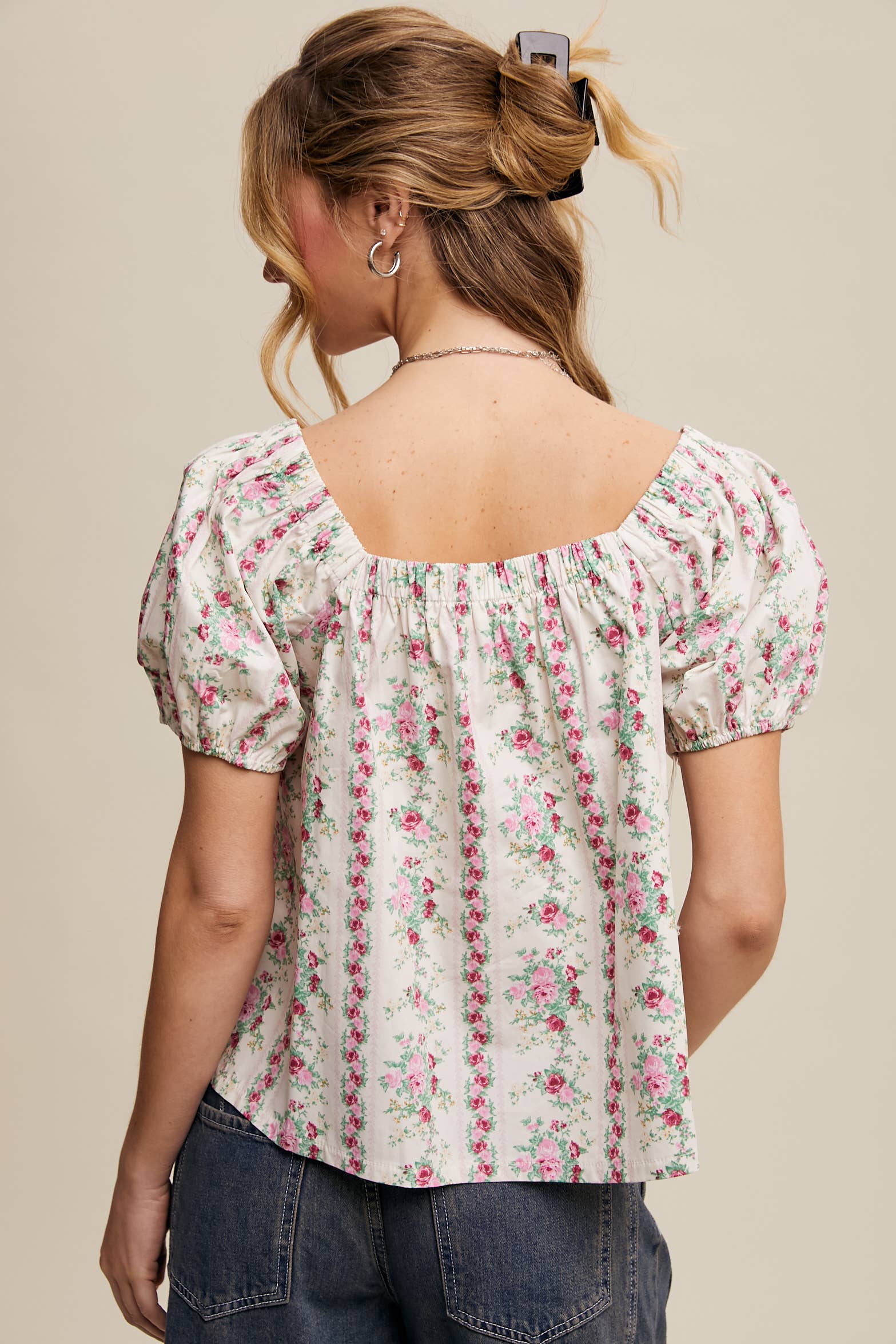 Pink Flower Floral Puff Sleeve Blouse