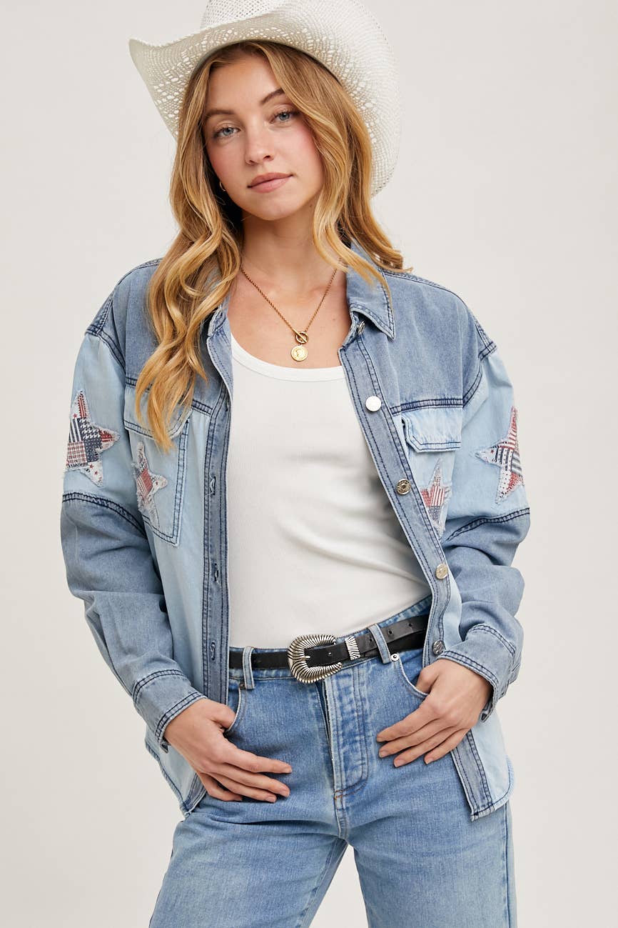 Two-tone denim button-down jacket featuring patriotic star appliqués on pocket and sleeve