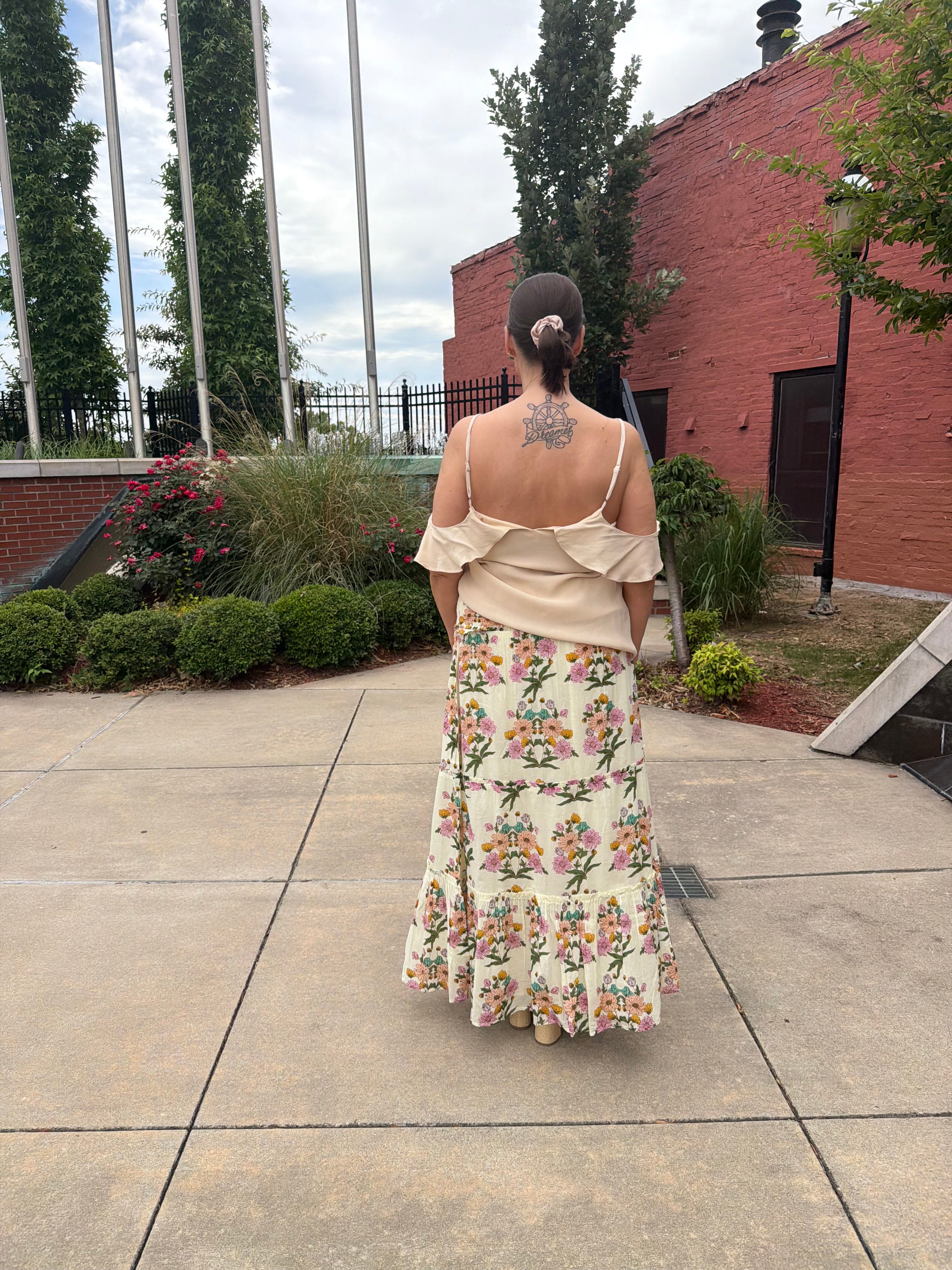 Newport Skirt – 100% pure cotton, flowing boho silhouette, full length back view