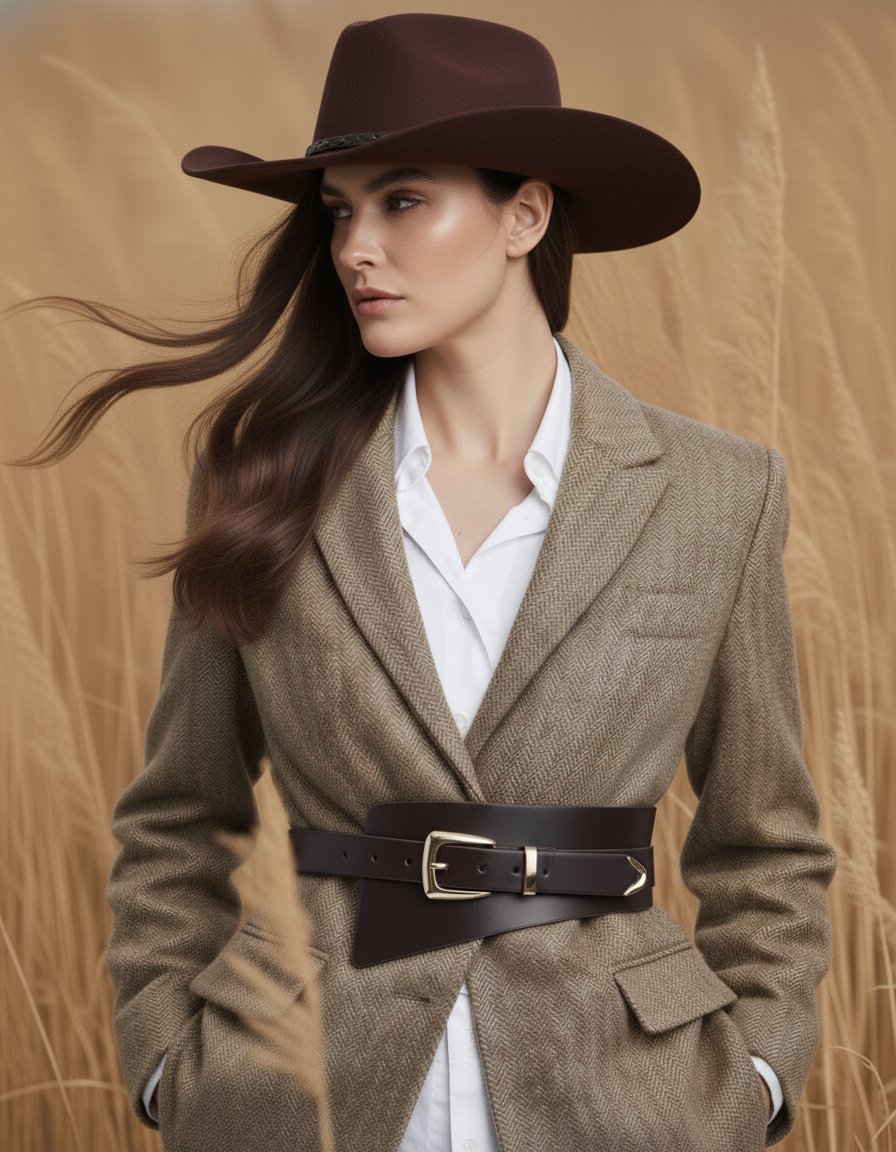 Woman wearing a brown hat and coat with a white shirt against a beige background
