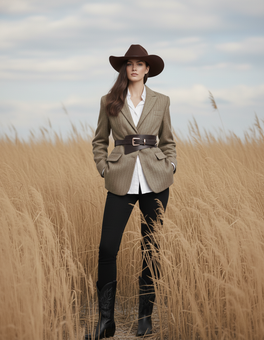 Woman in a blazer and cowboy hat standing in a field with a cloudy sky.