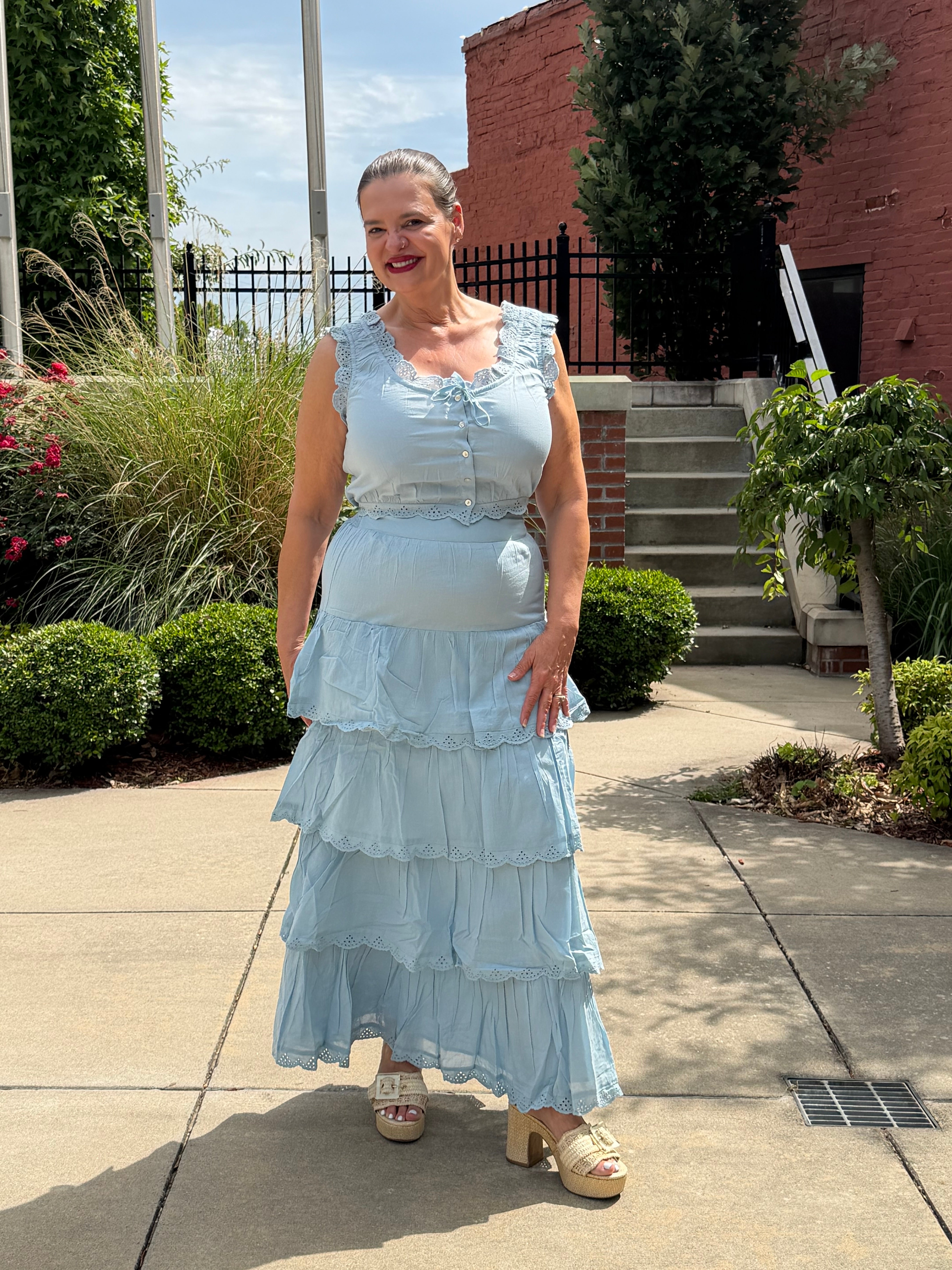 The Cosette Maxi Skirt in Spring Blue – tiered eyelet maxi skirt, front view
