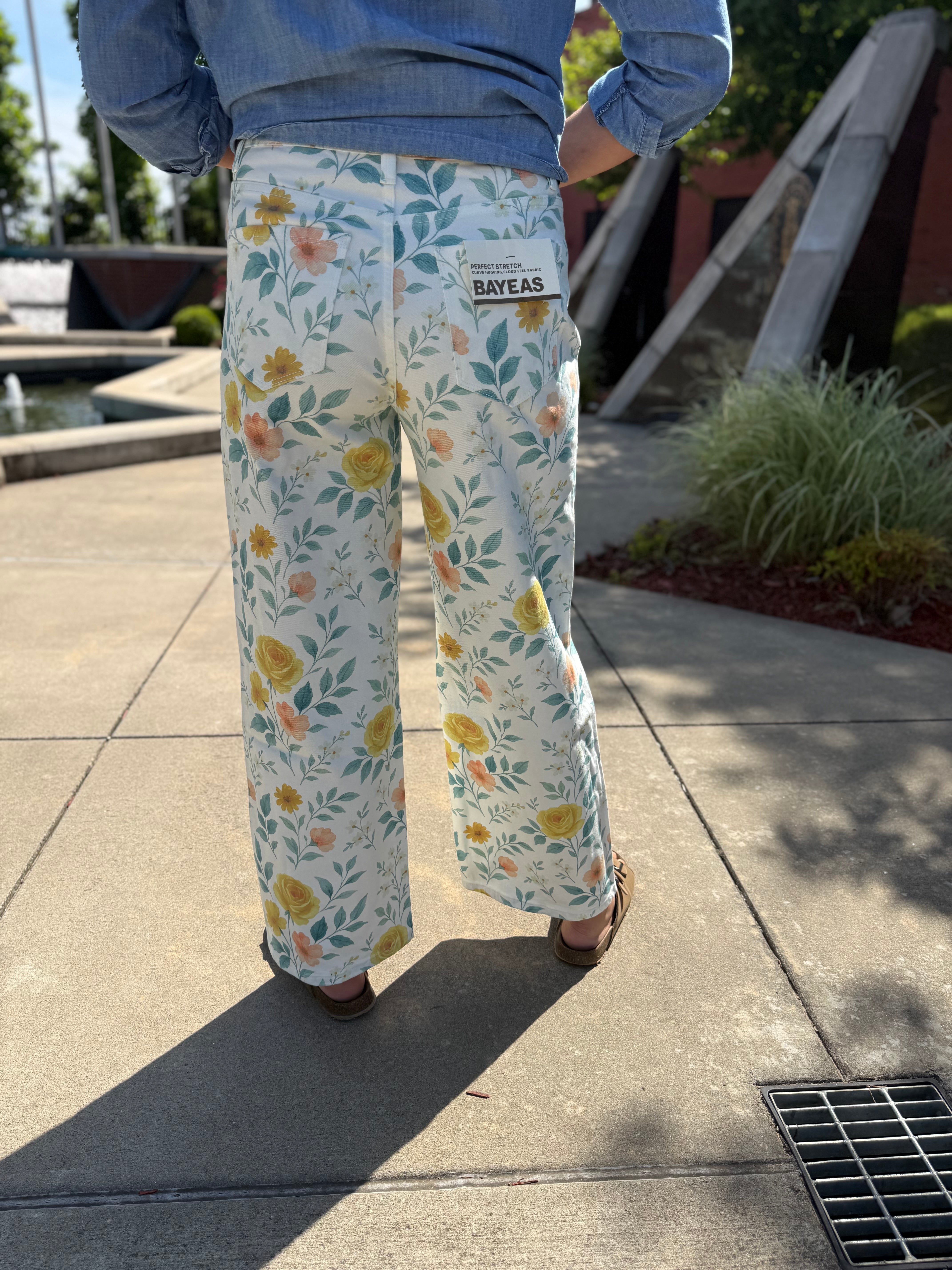 Back view Flora Watercolor Jean – wide-leg watercolor bloom print, close up, boho-luxe style, Spirit & Wind Boutique from Bayeas Jeans

