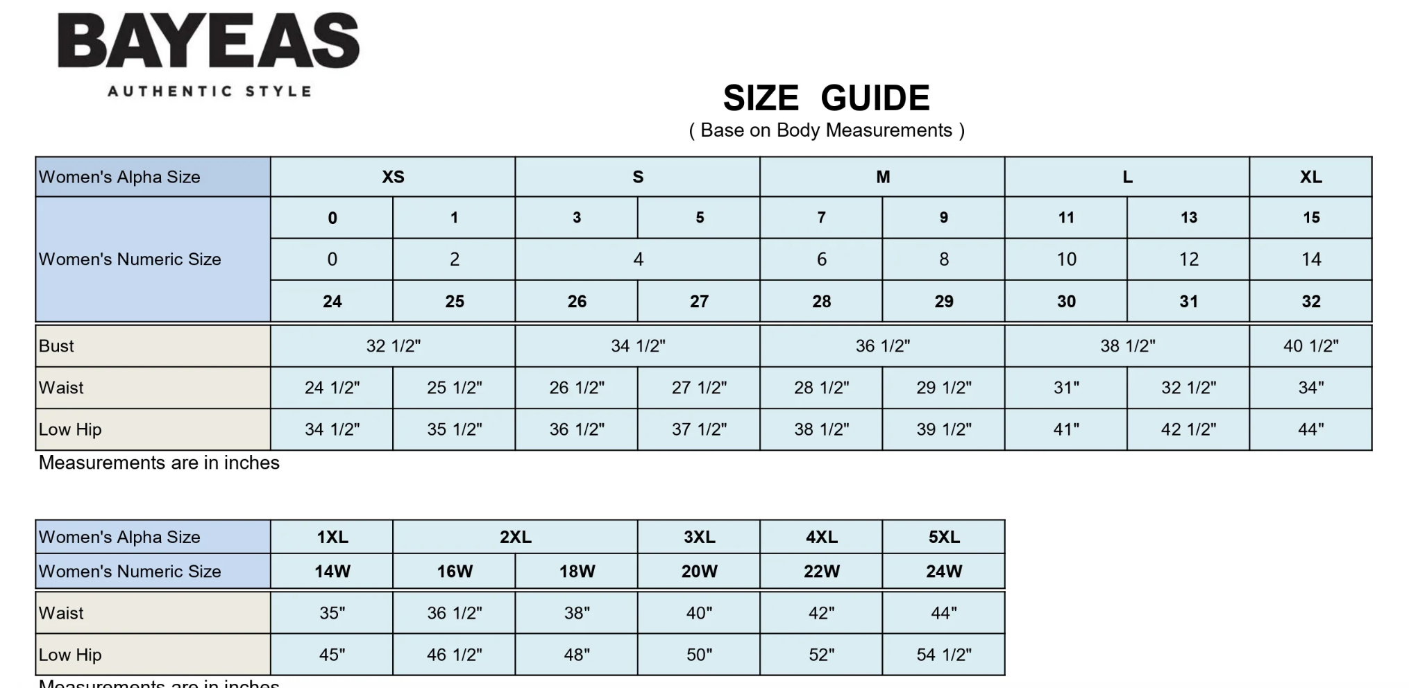 Bayeas size guide chart for women's clothing with measurements in inches.