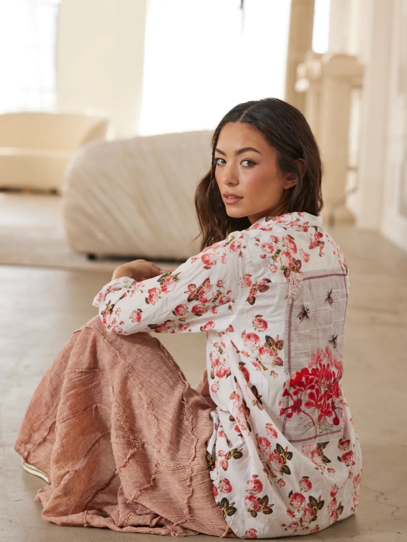 Back view of the Bee Floral Shirt with Bee Patch with floral 