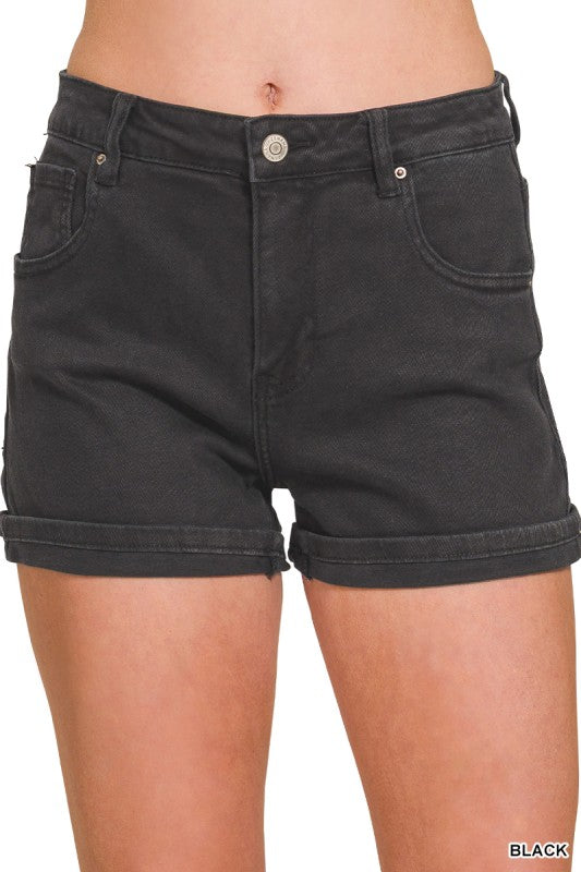 The Sienna Cuffed Shorts in black - cuffed denim shorts with polished hem detail, front view