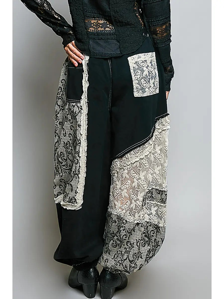 Back full-length — back patchwork panels and lace pocket detail