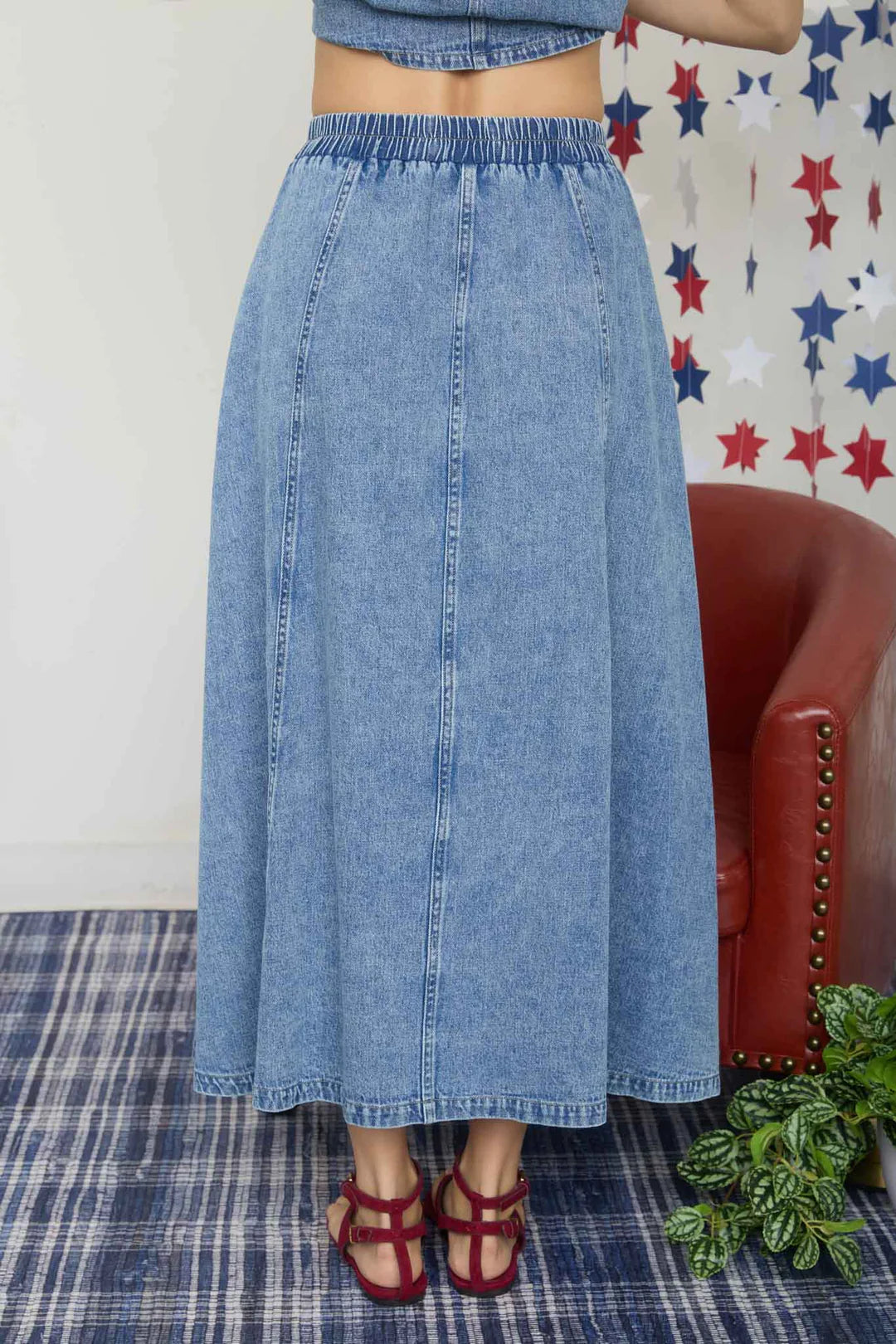 The Willow Denim Maxi Skirt - linen-cotton blend maxi skirt with high-rise elastic waist back view