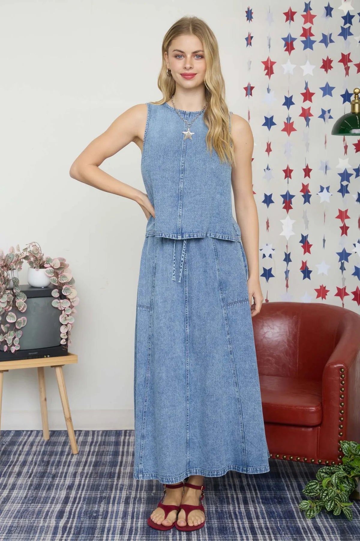 The Willow Denim Maxi Skirt styled with the willow denim top - high-waist denim maxi with side pockets