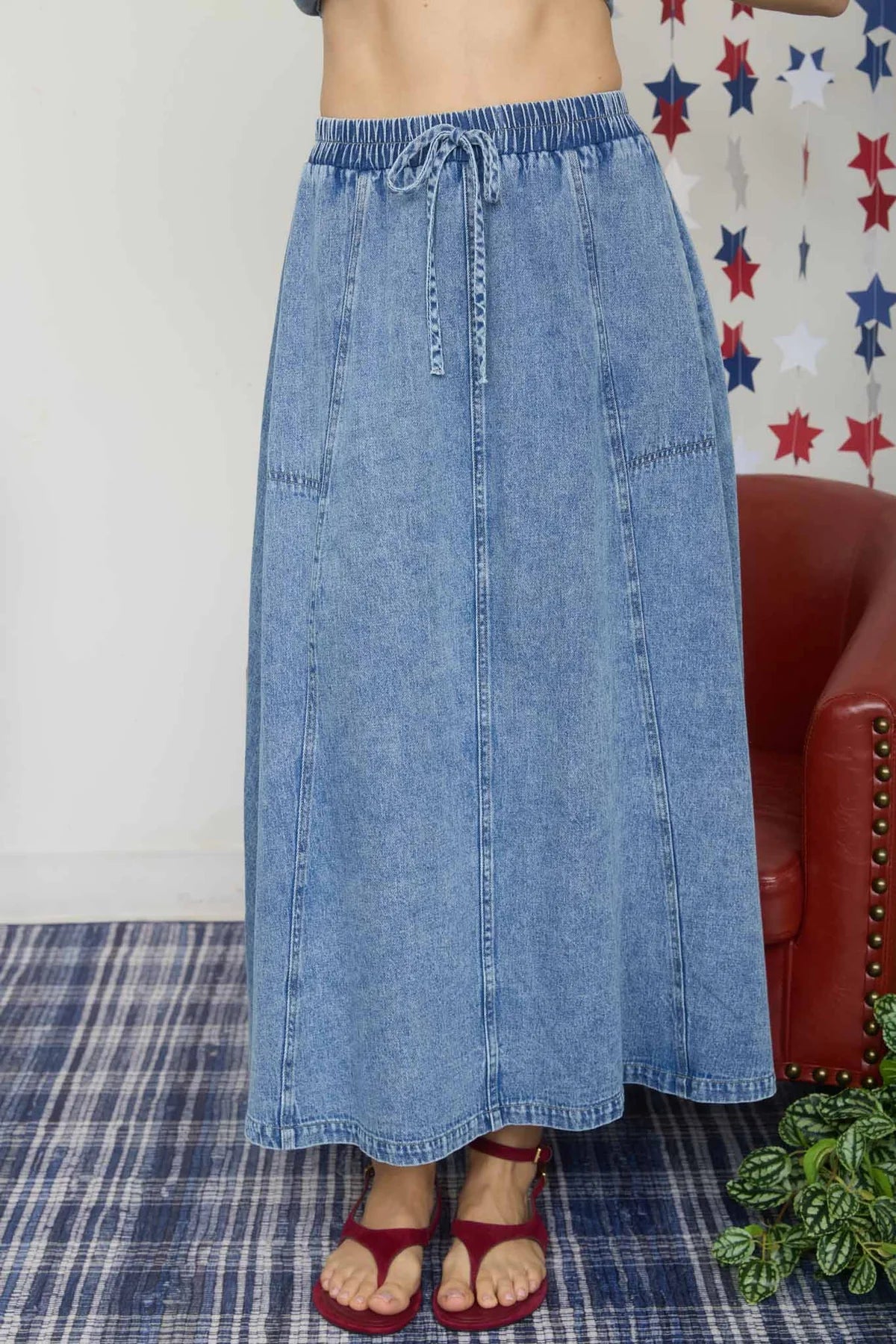 The Willow Denim Maxi Skirt - linen-cotton blend maxi skirt with high-rise elastic waist and front tie detail, front view