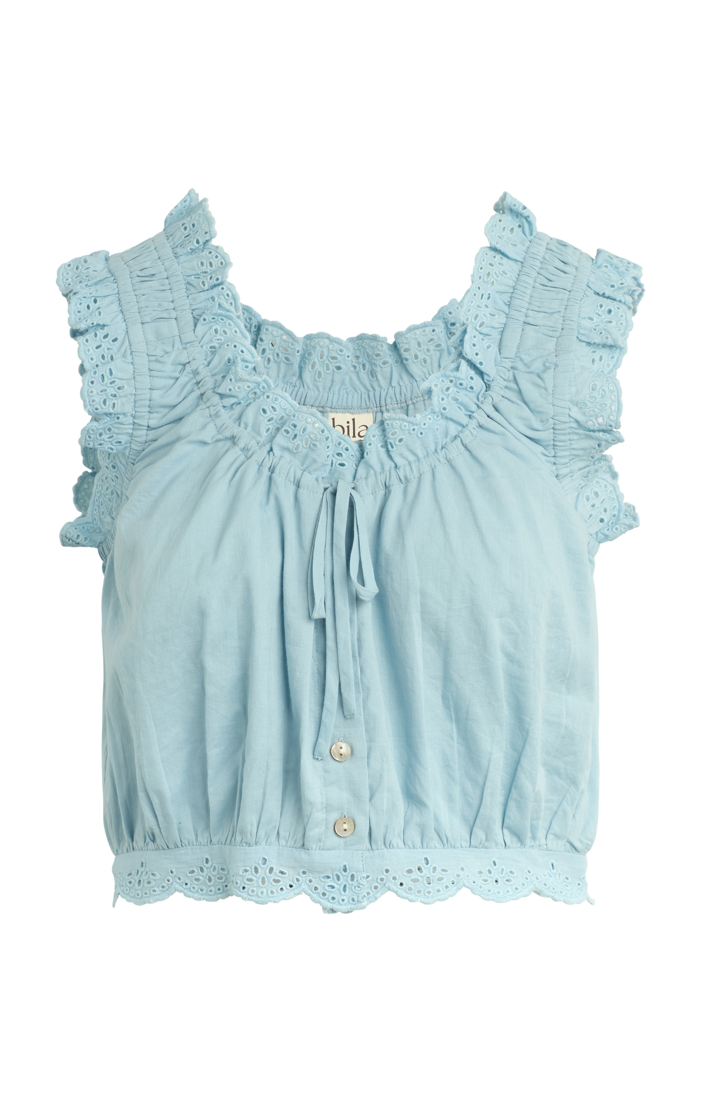 Light blue sleeveless top with ruffled details on a white background