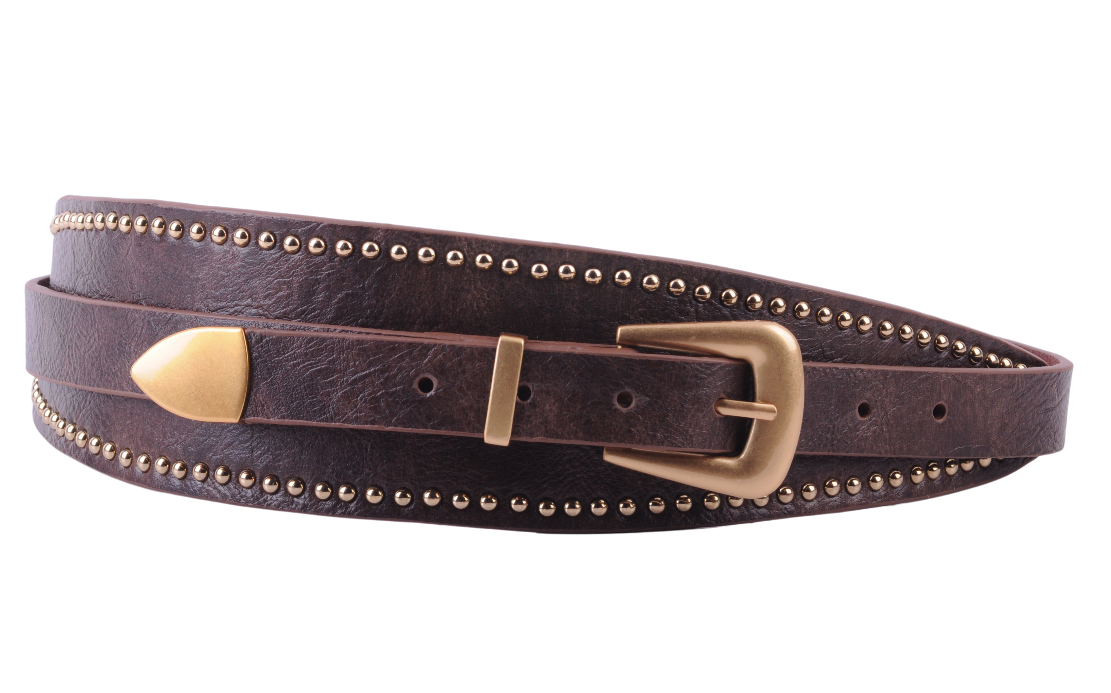 Brown leather belt with gold studs and buckle on a white background