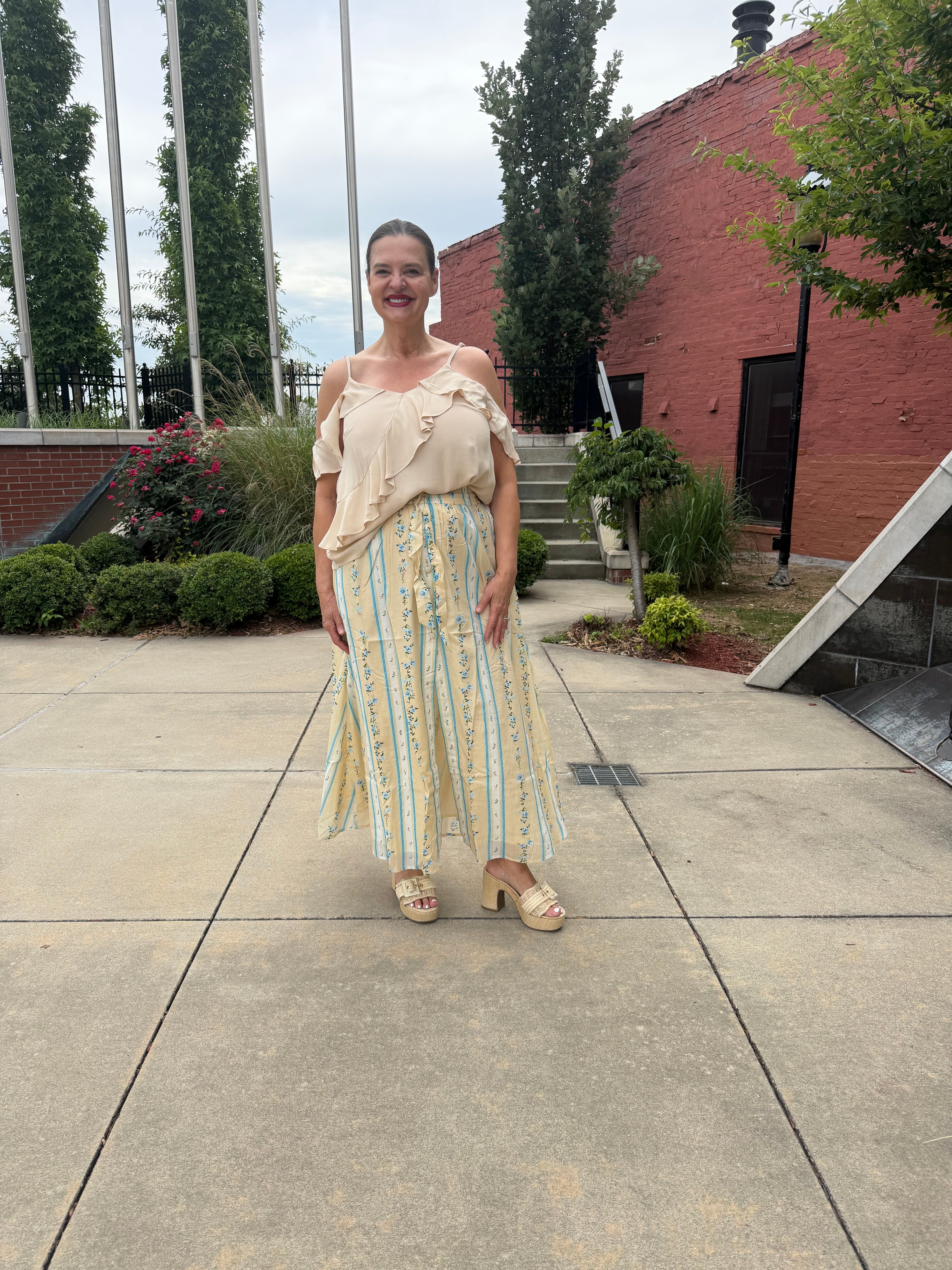 Juliet's Romantic Midi Skirt – decorative button front, tie-front detail, front view
