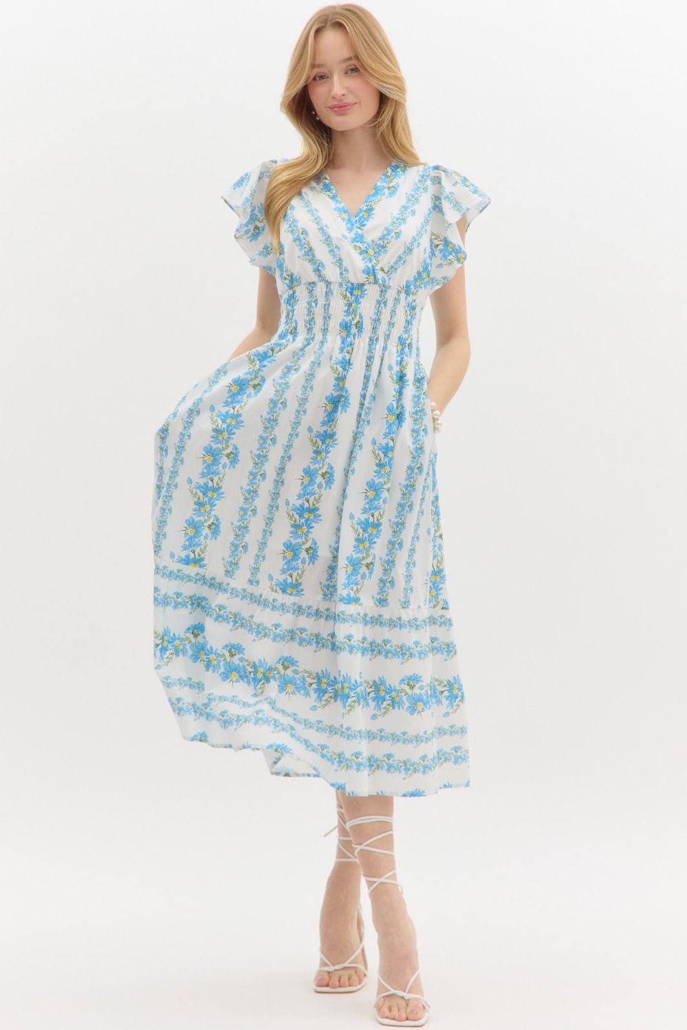 Floral Stripe Surplice Midi Dress front view stock photo