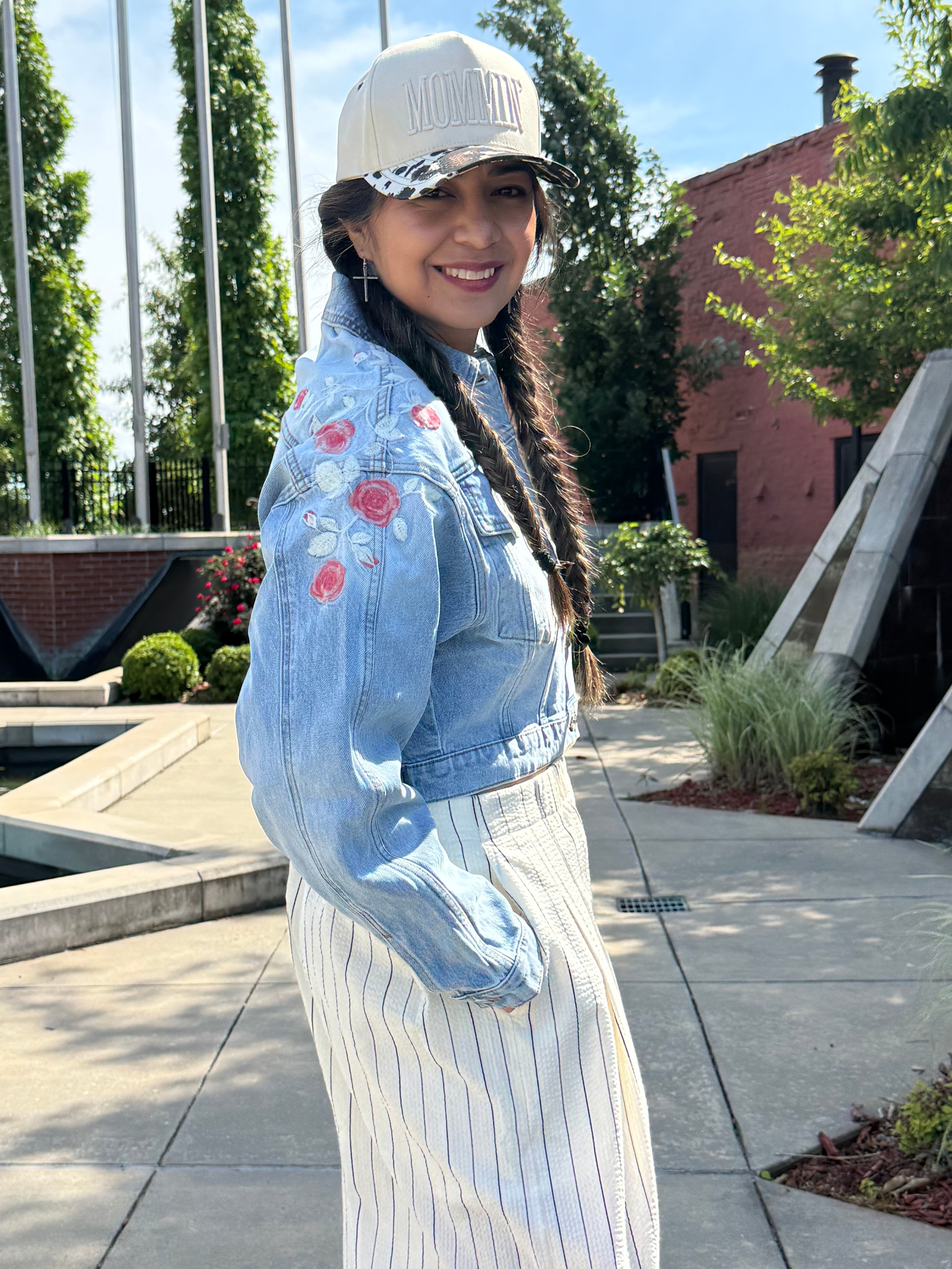 Side view Paris Floral Crop Jacket in Denim Floral – vibrant embroidered cropped outerwear by Bayeas, boho-luxe style