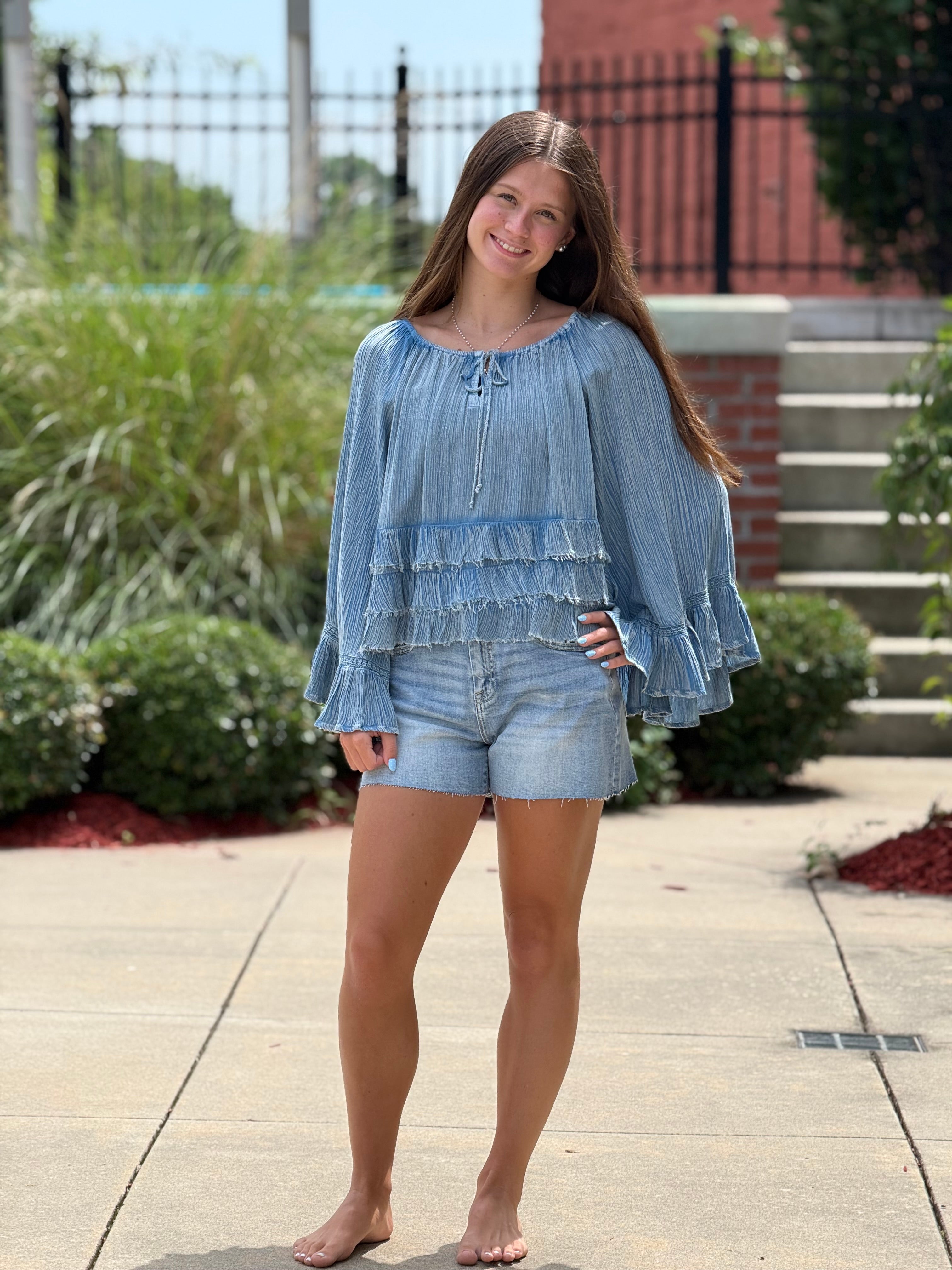 Indigo Tiered Ruffle Bell Sleeve Top