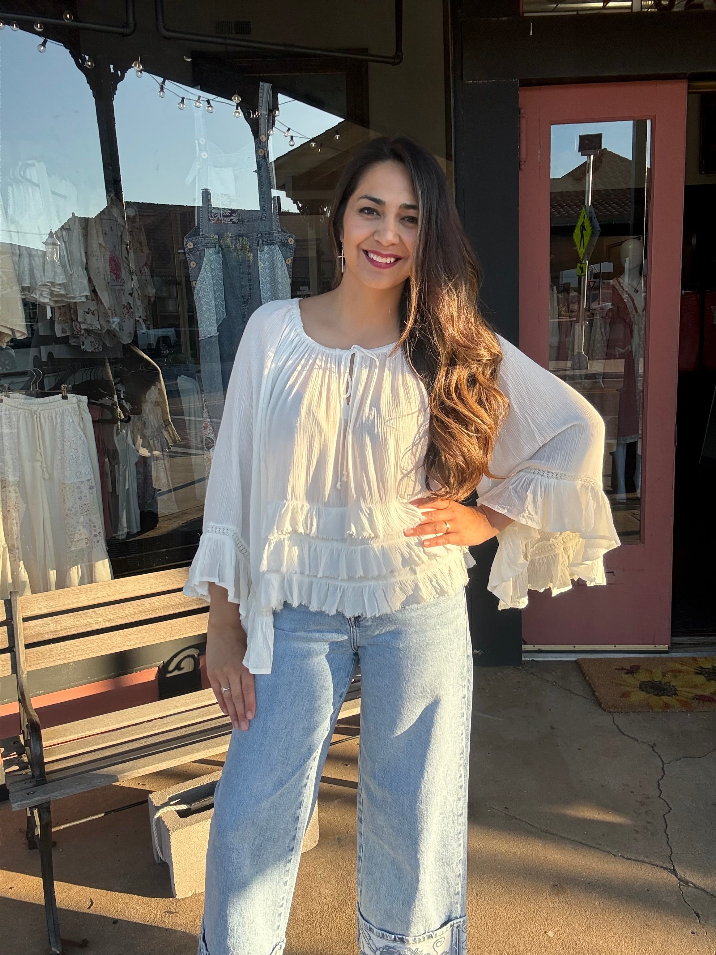 Ivory Tiered Ruffle Bell Sleeve Top