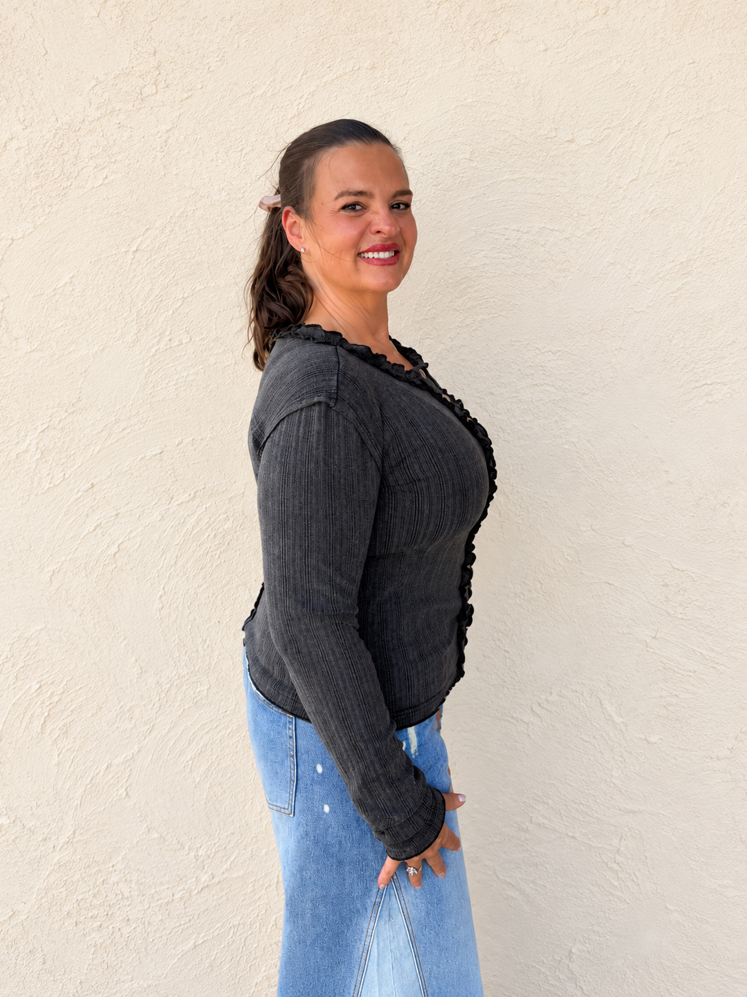Black Pointelle Ruffle Sweater