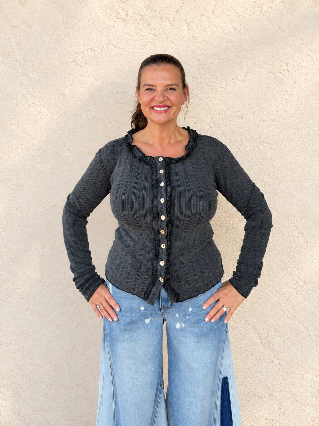 Black Pointelle Ruffle Sweater