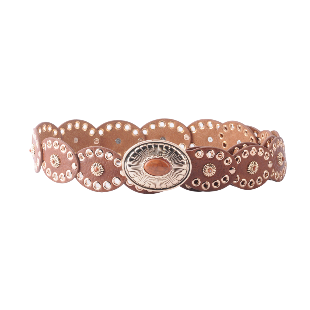 Decorative belt with circular design and central button on a white background