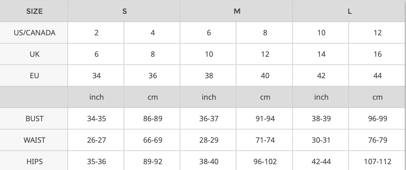 Cotierra Size Chart