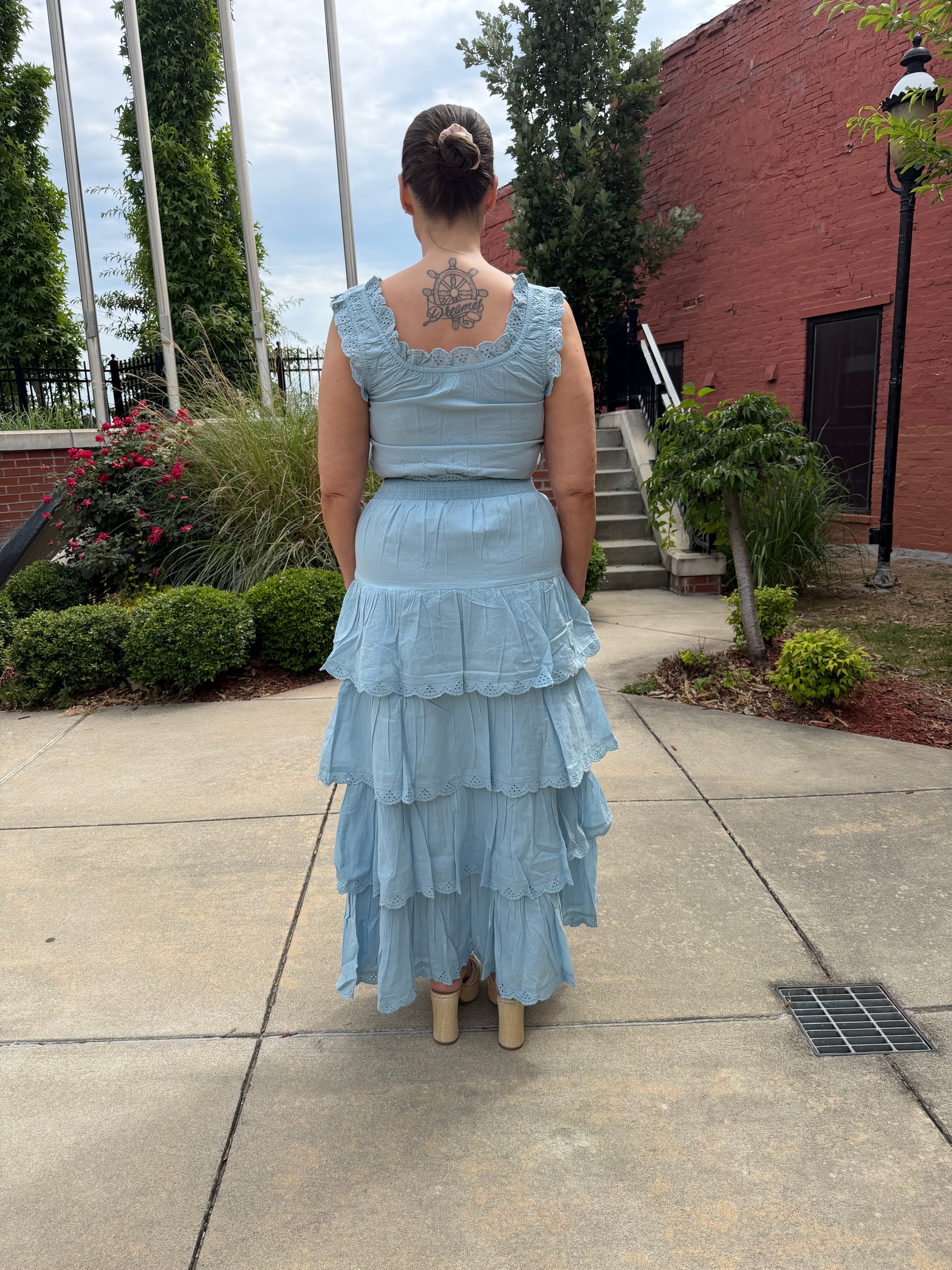 The Cosette Maxi Skirt in Spring Blue – tiered eyelet maxi skirt, back view
