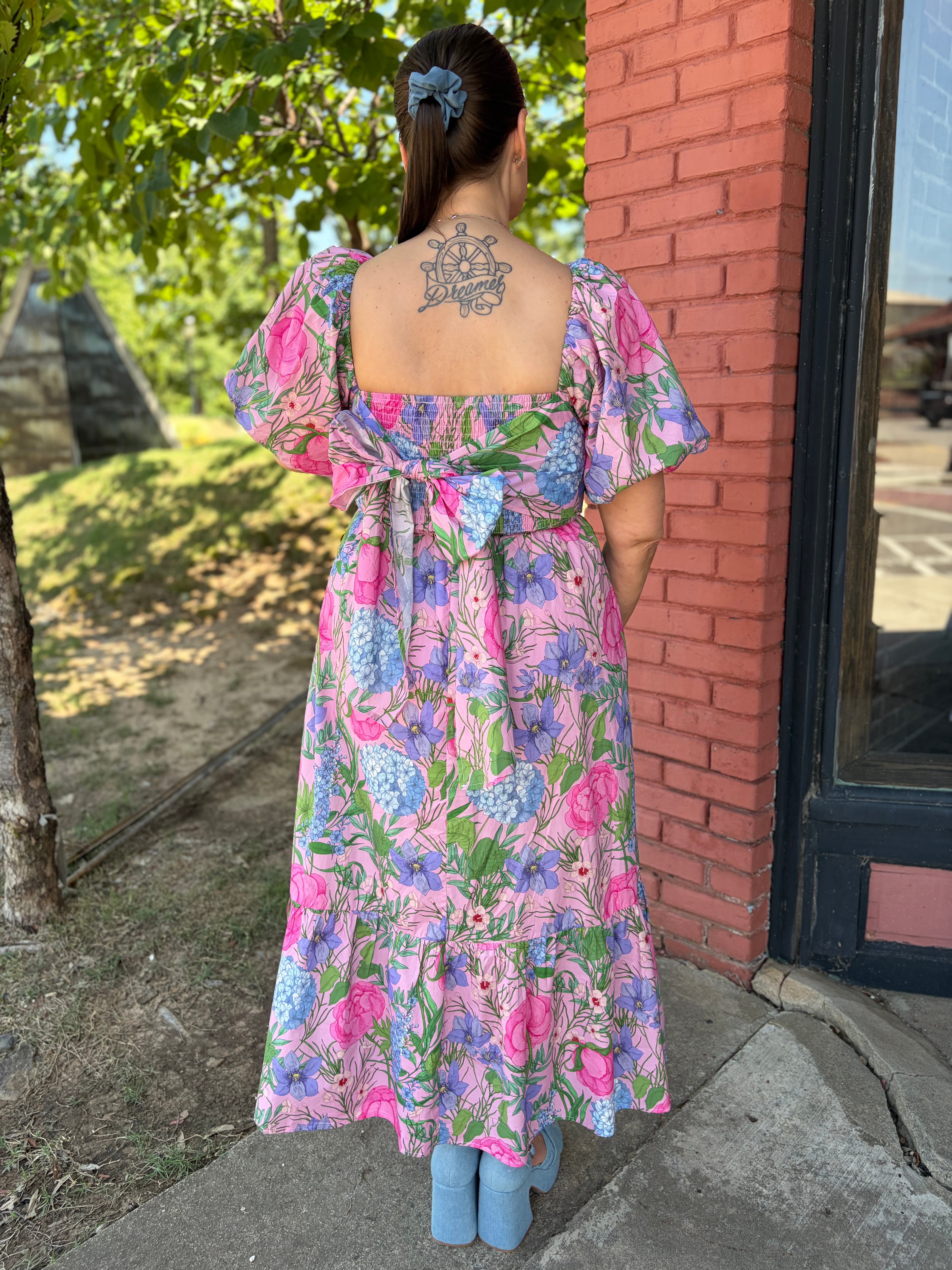Sweet Puff Floral Midi Dress back view 