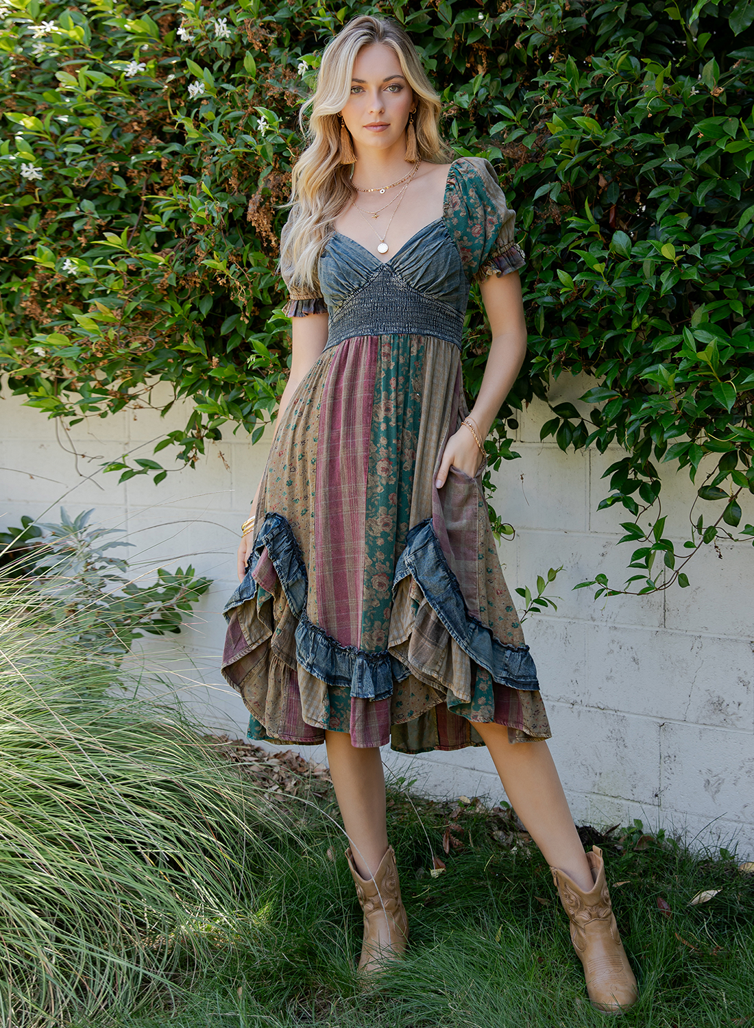 The Wildflower Sweetheart Patchwork Dress - full-length view highlighting asymmetrical skirt with denim frills in Gravel Color