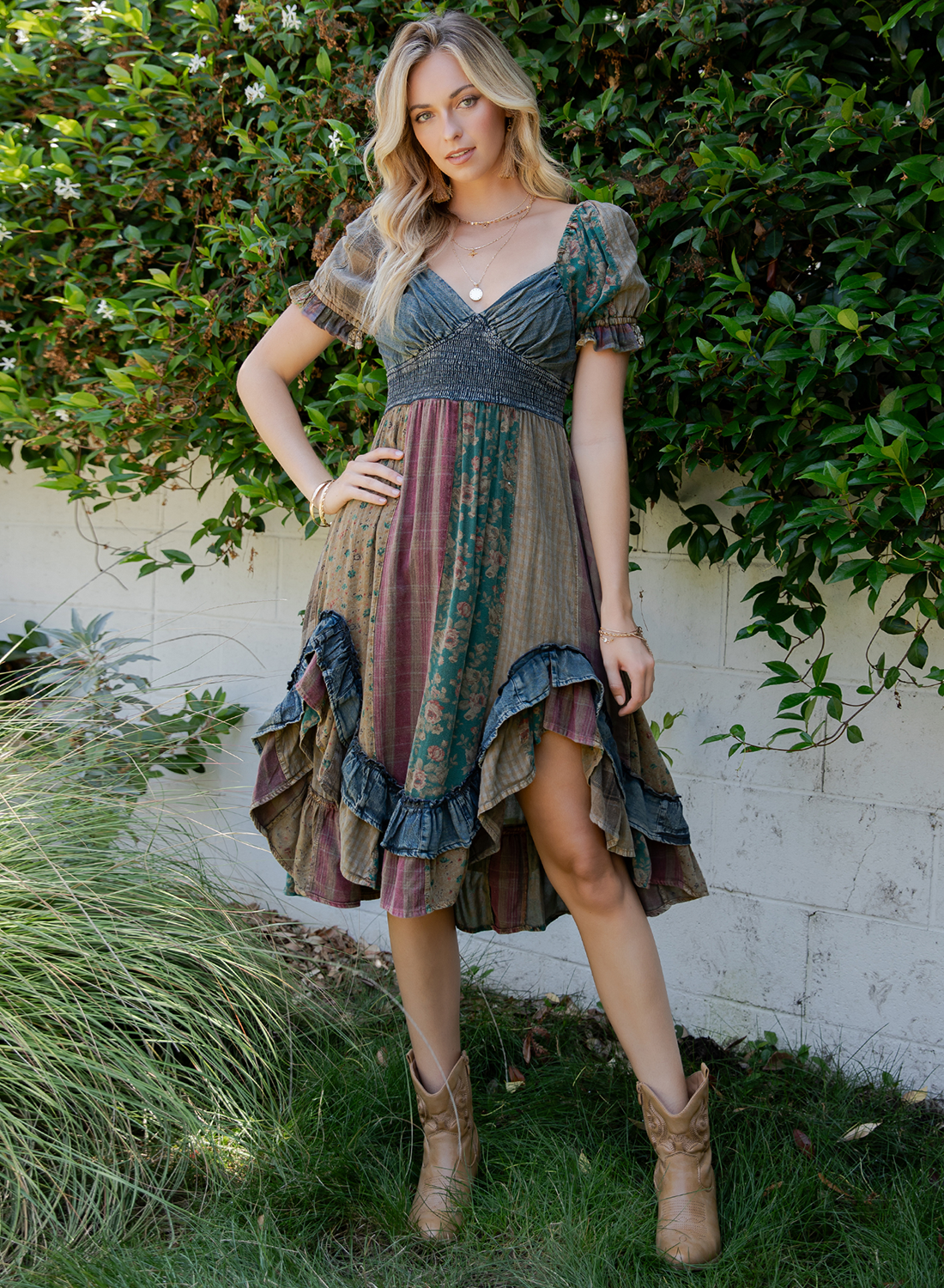 The Wildflower Sweetheart Patchwork Dress - full-length view highlighting asymmetrical skirt with denim frills in Gravel Color