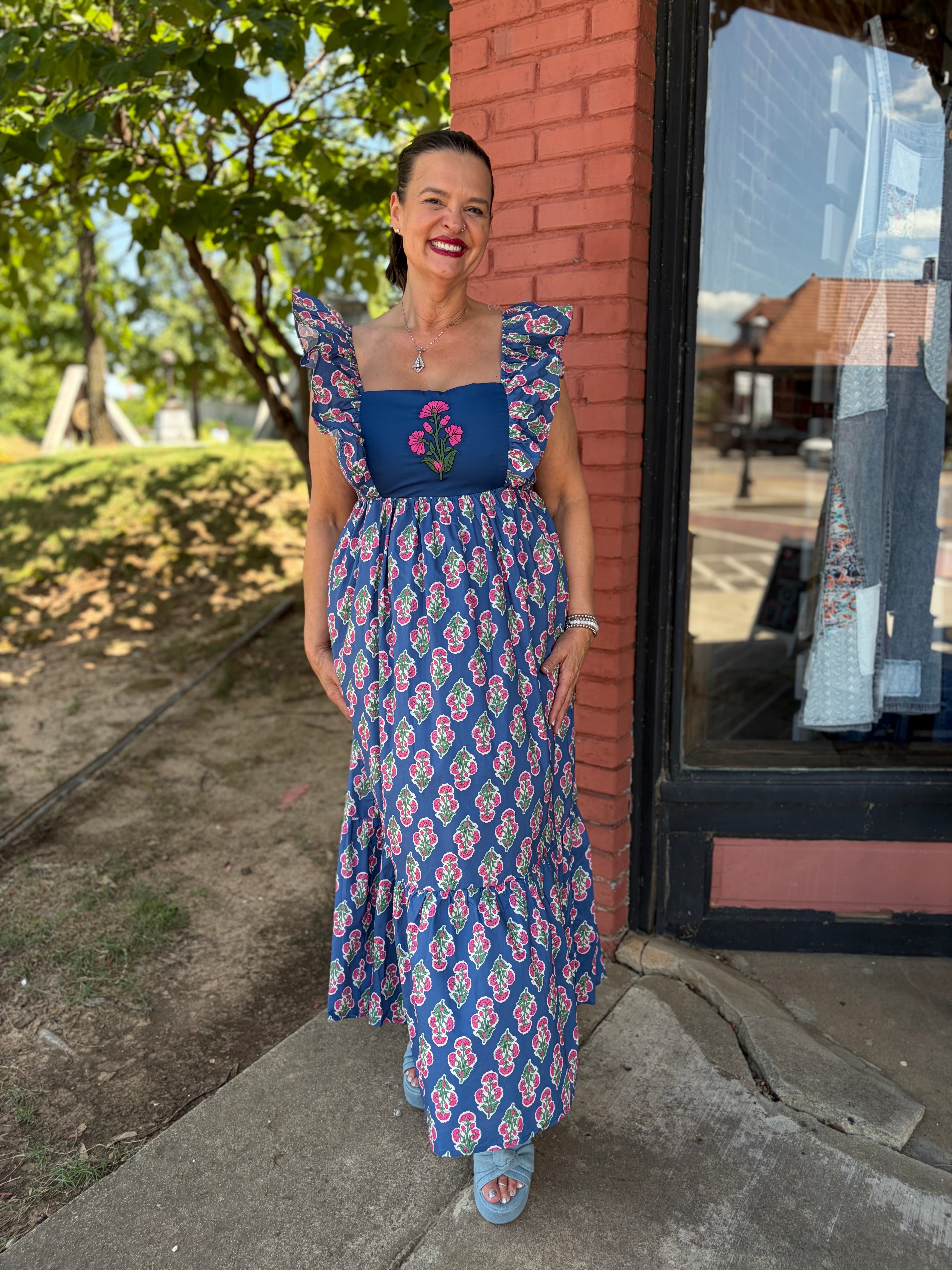 Botanical Ruffle Sleeve Midi Dress front full length view 