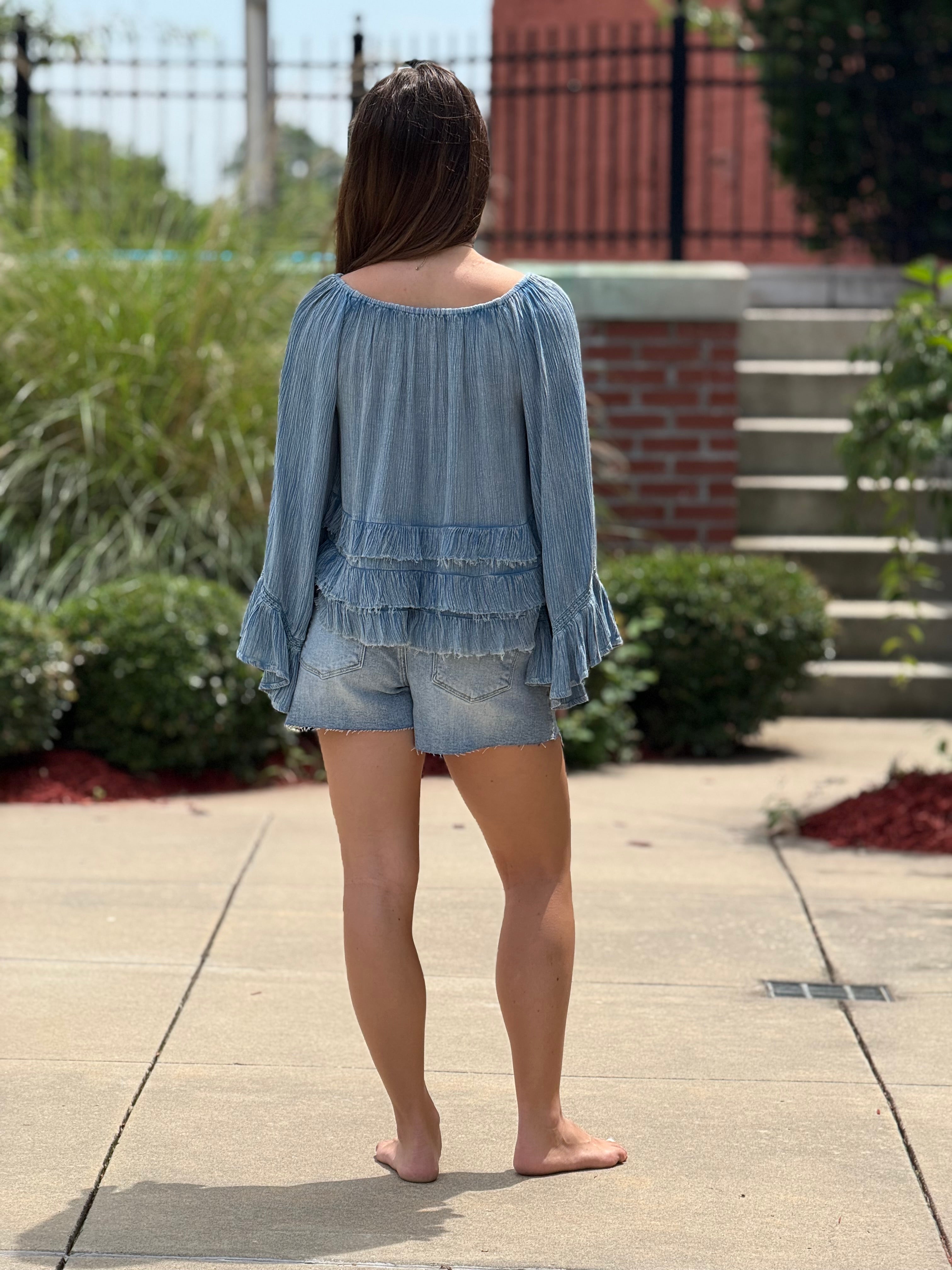 Indigo Tiered Ruffle Bell Sleeve Top