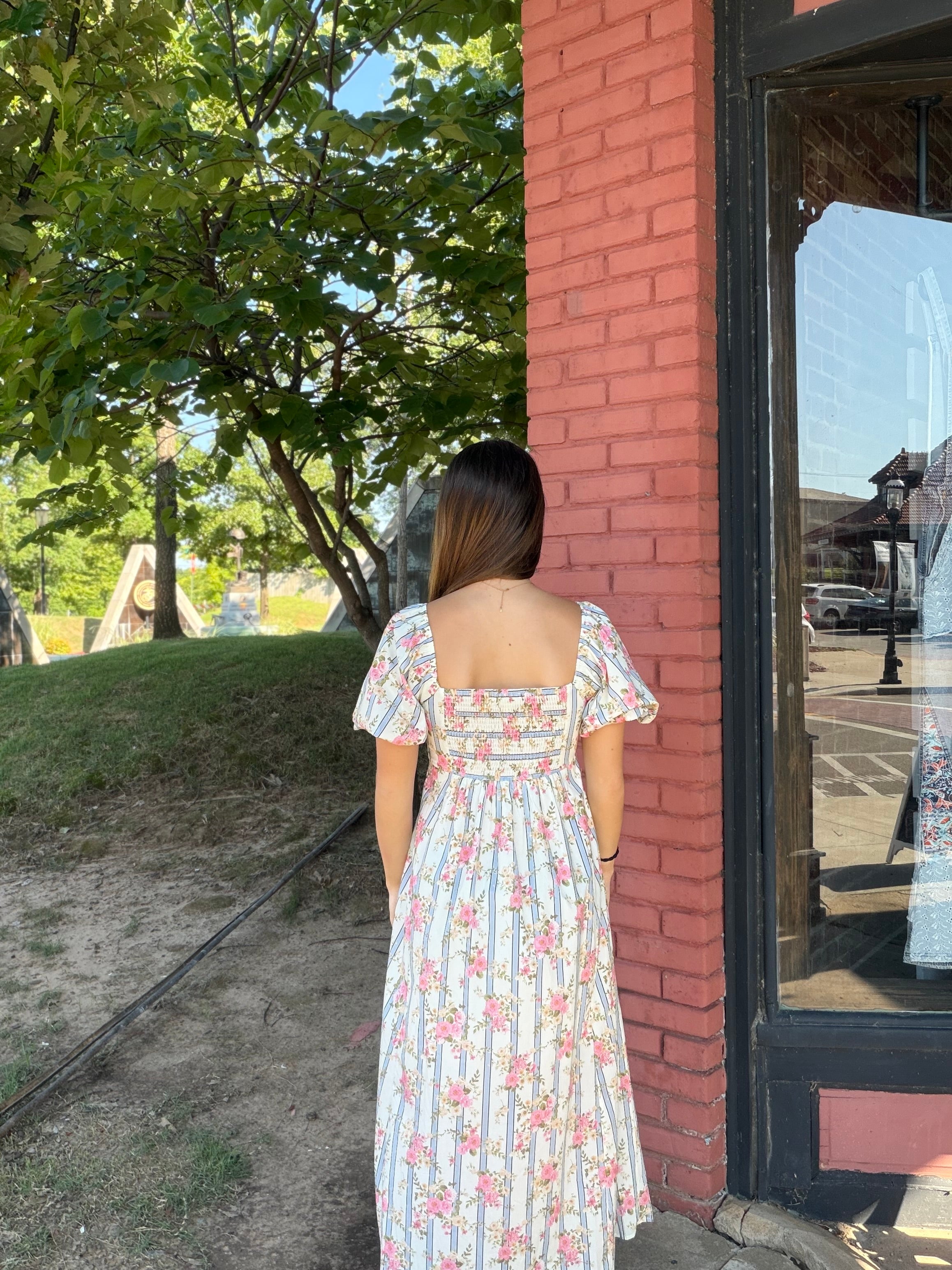 Floral Puff Sleeve Smocked Back Midi Dress