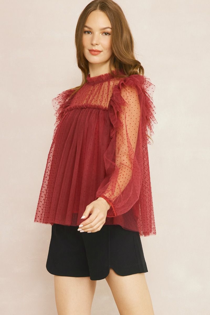 Whimsy in Wine Tulle Blouse