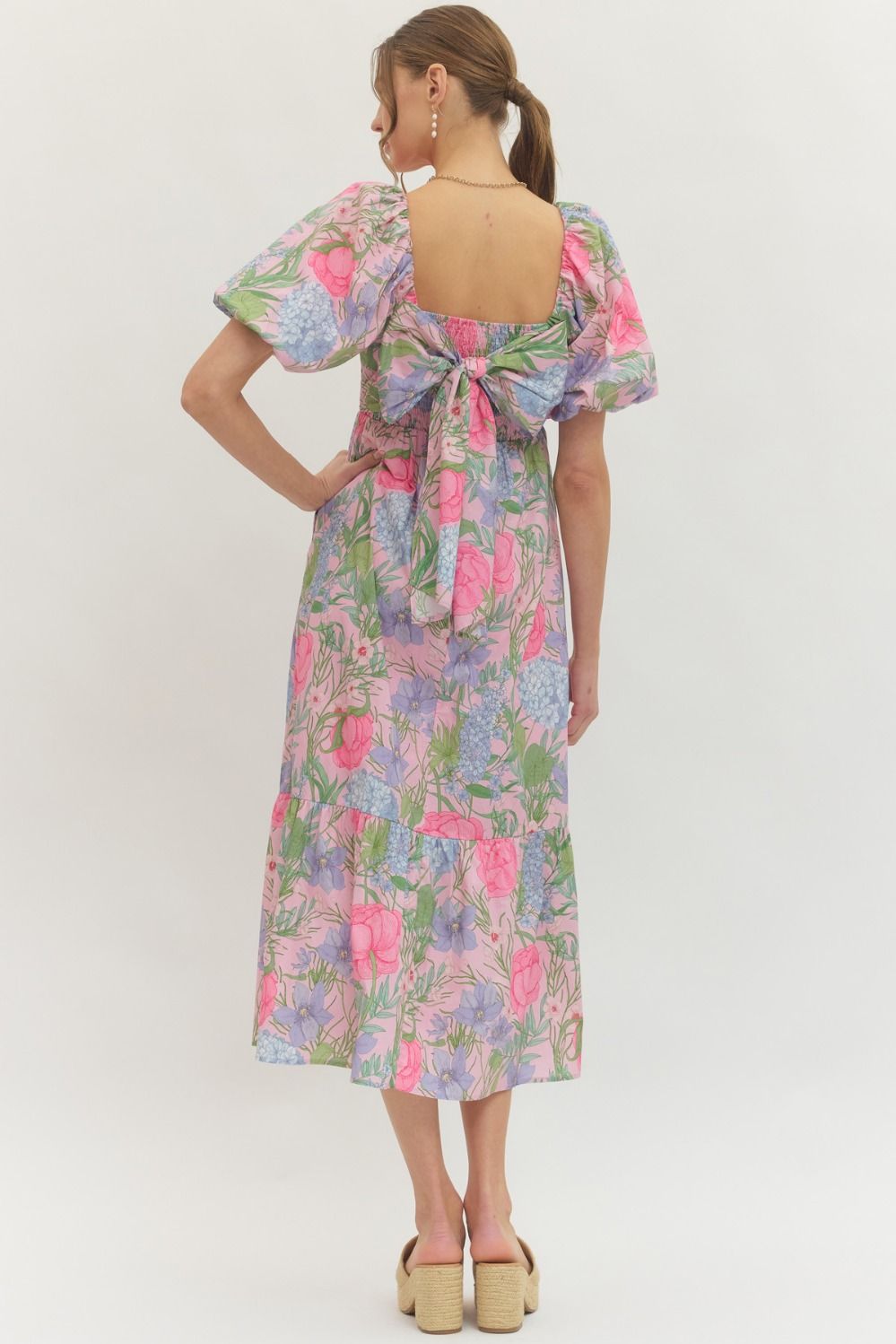 Sweet Puff Floral Midi Dress back view