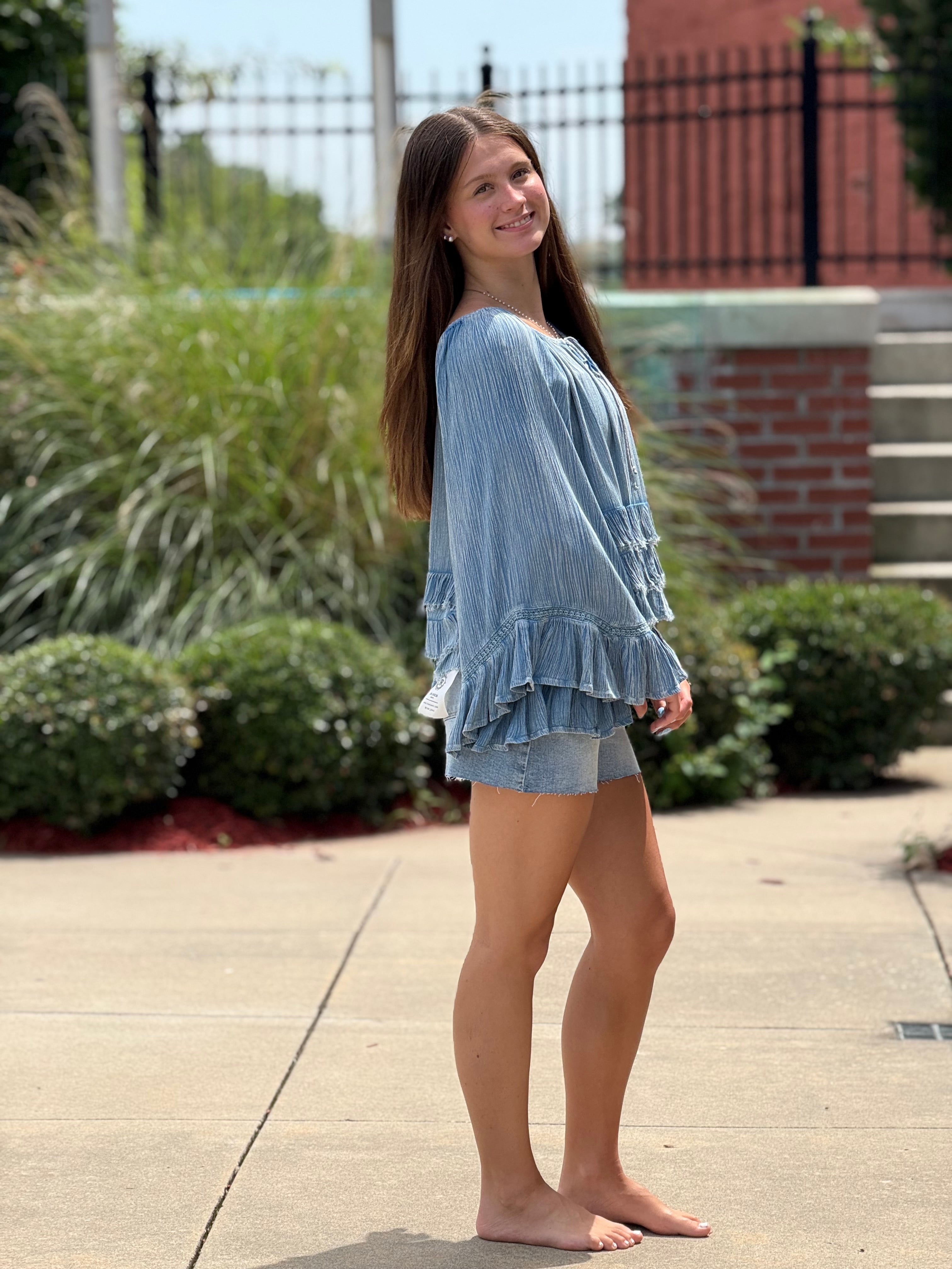 Indigo Tiered Ruffle Bell Sleeve Top