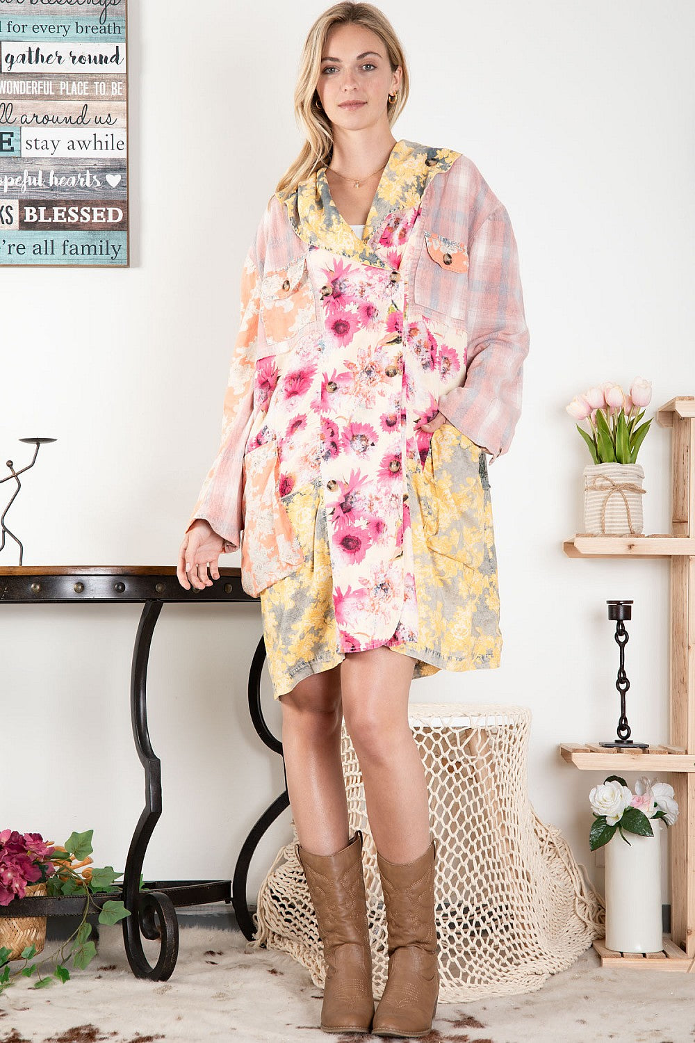 The Rosalie Floral Print Jacket - oversized double-breasted floral jacket in mineral-washed cotton, front view