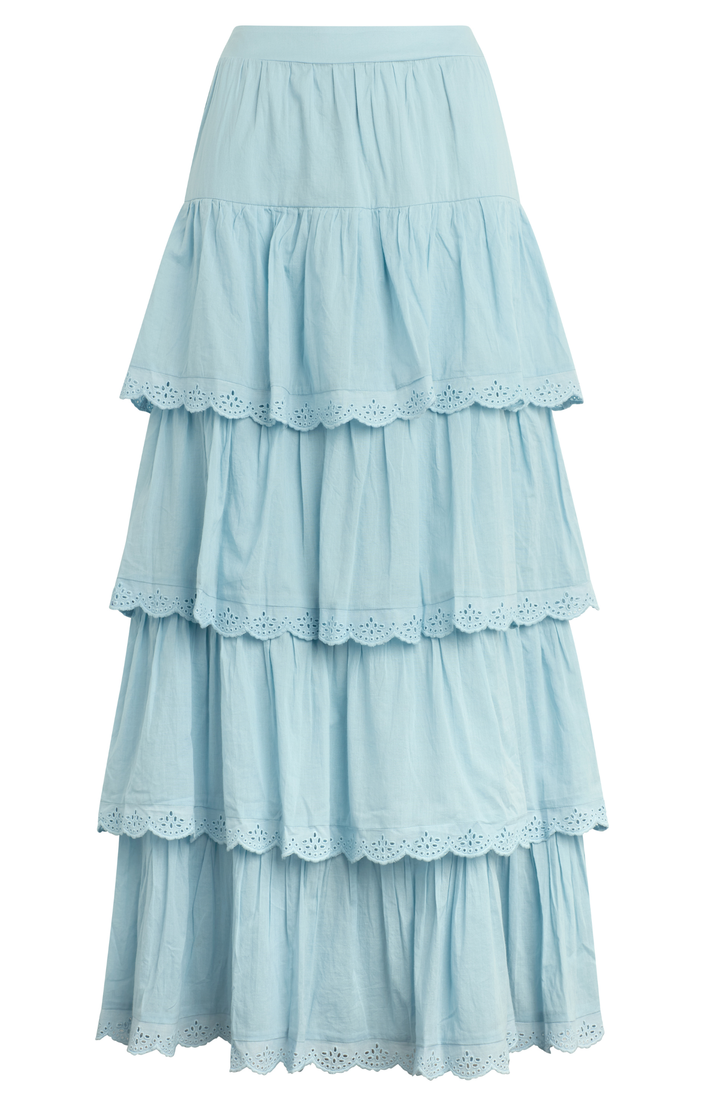 The Cosette Maxi Skirt in Spring Blue – tiered eyelet maxi skirt, front view
