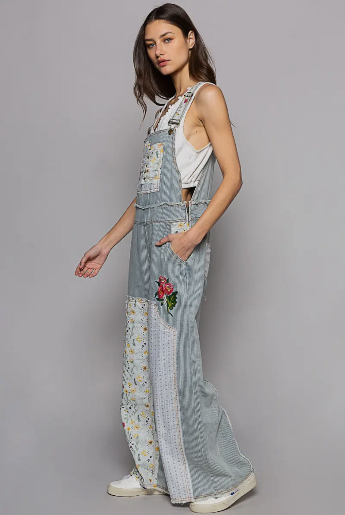 Denim Color Floral Patchwork Embroidery Overall