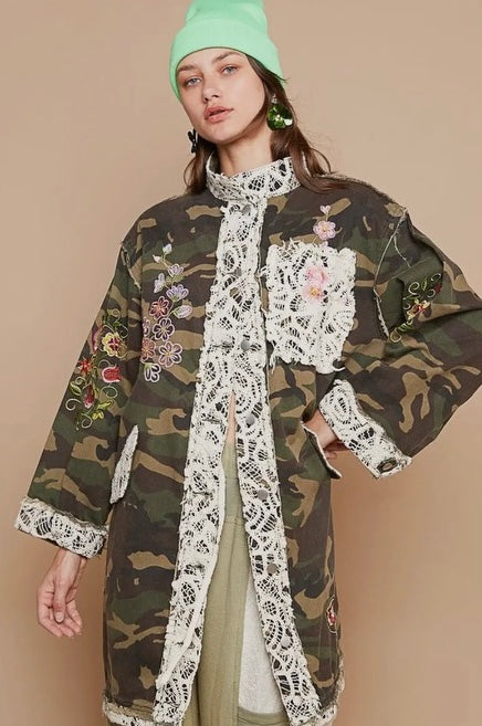 Oversized Camo Print Crochet Detail Jacket