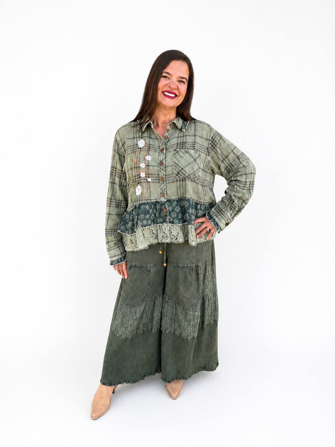 Olive Plaid Embroidered Peplum Button-Down Top
