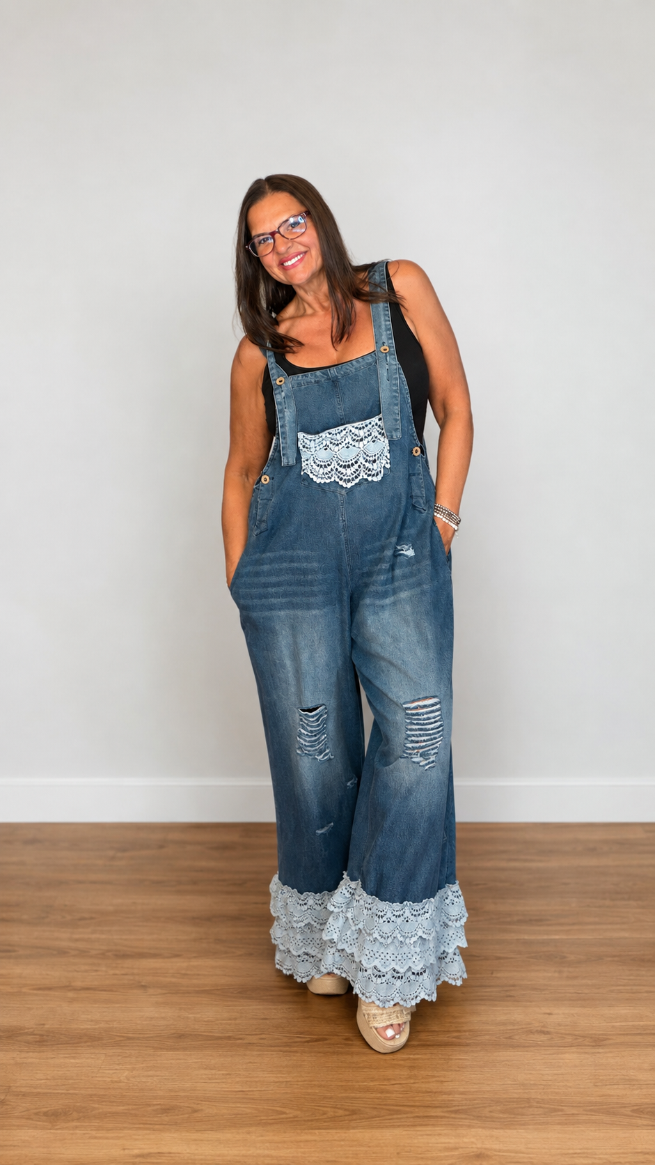 Darling Distressed Lace Trim Denim Overall
