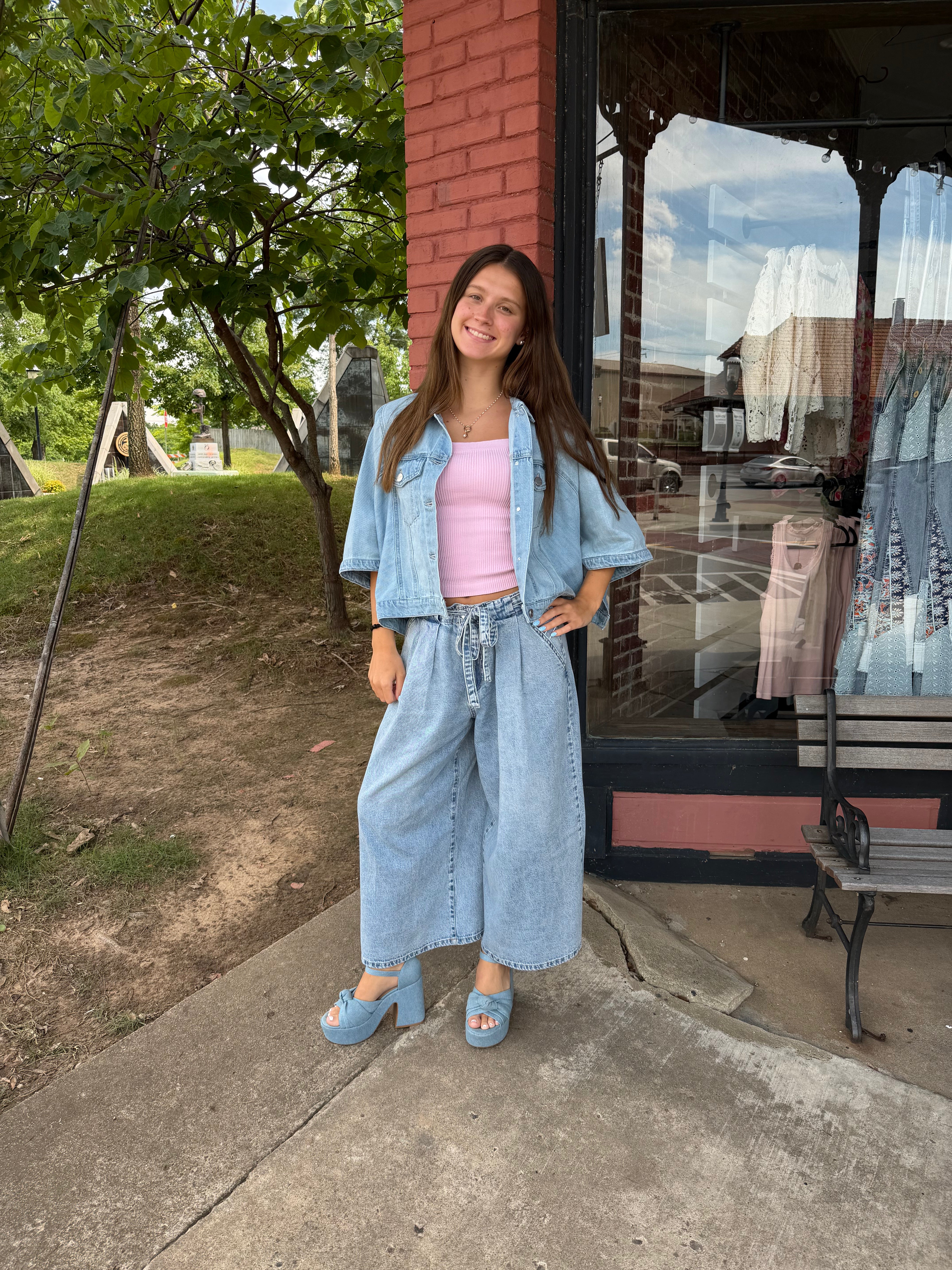 Pleated Tie-Waist Wide Leg Denim Culottes
