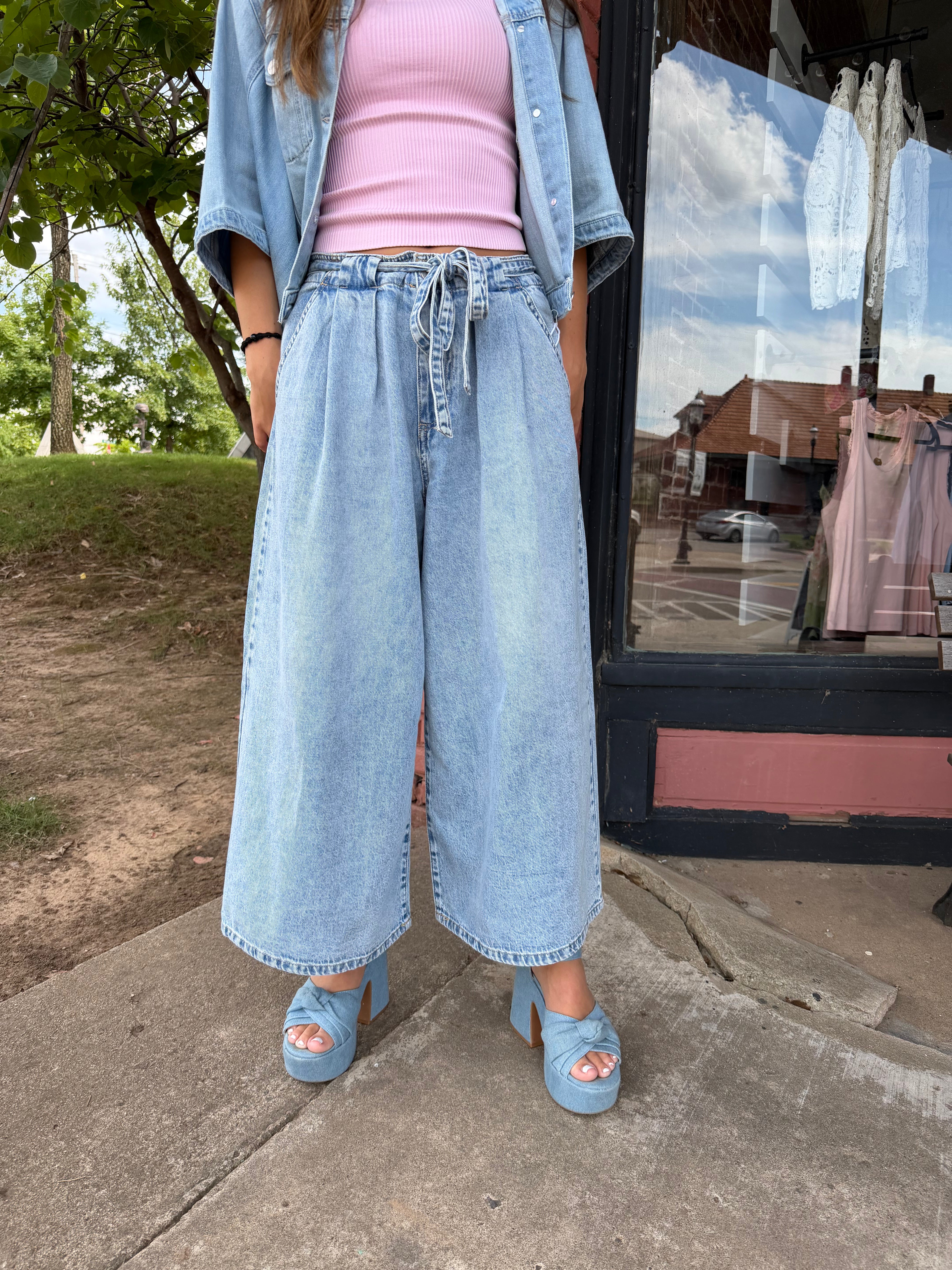 Pleated Tie-Waist Wide Leg Denim Culottes