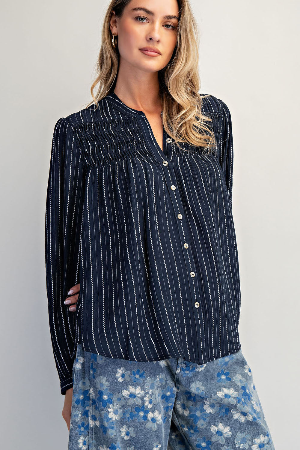Striped Smocked Button-Down Blouse