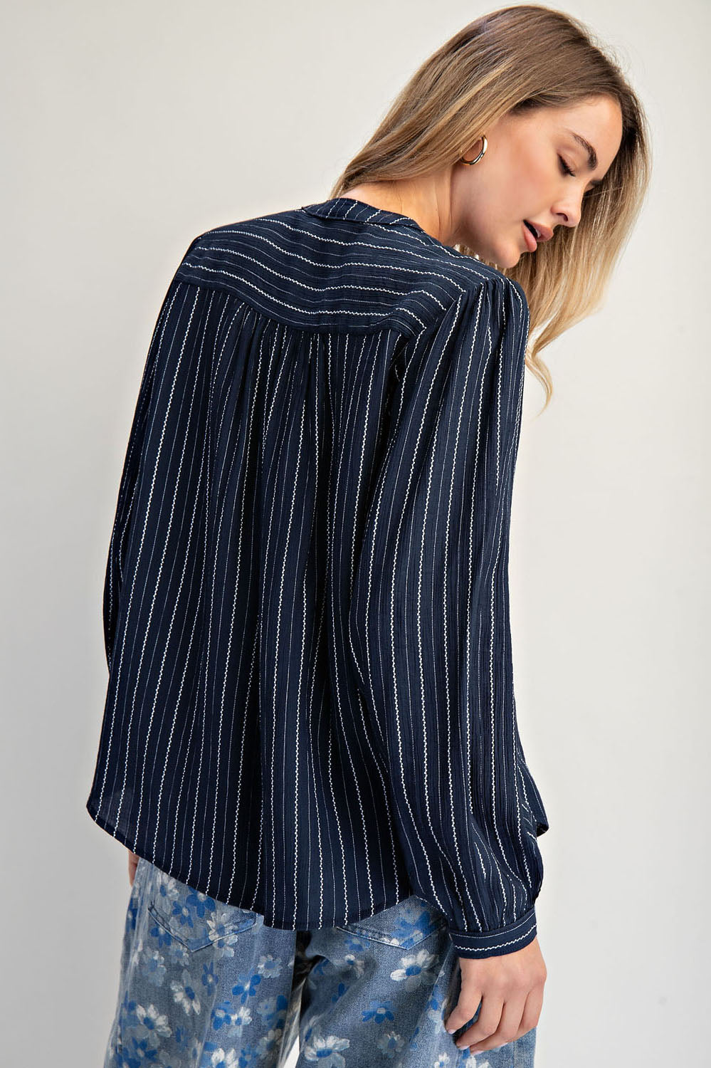 Striped Smocked Button-Down Blouse