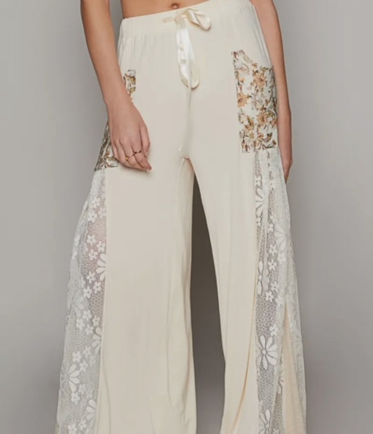 Lace Printed Adjustable Strap Wide Pants