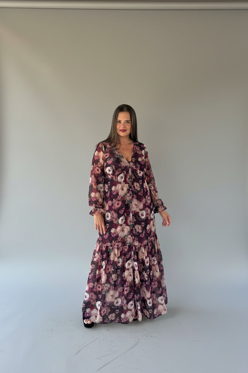 Burgundy floral chiffon maxi dress with long sleeves and V-neckline, full-length front view, boho luxe style by Lovestitch

